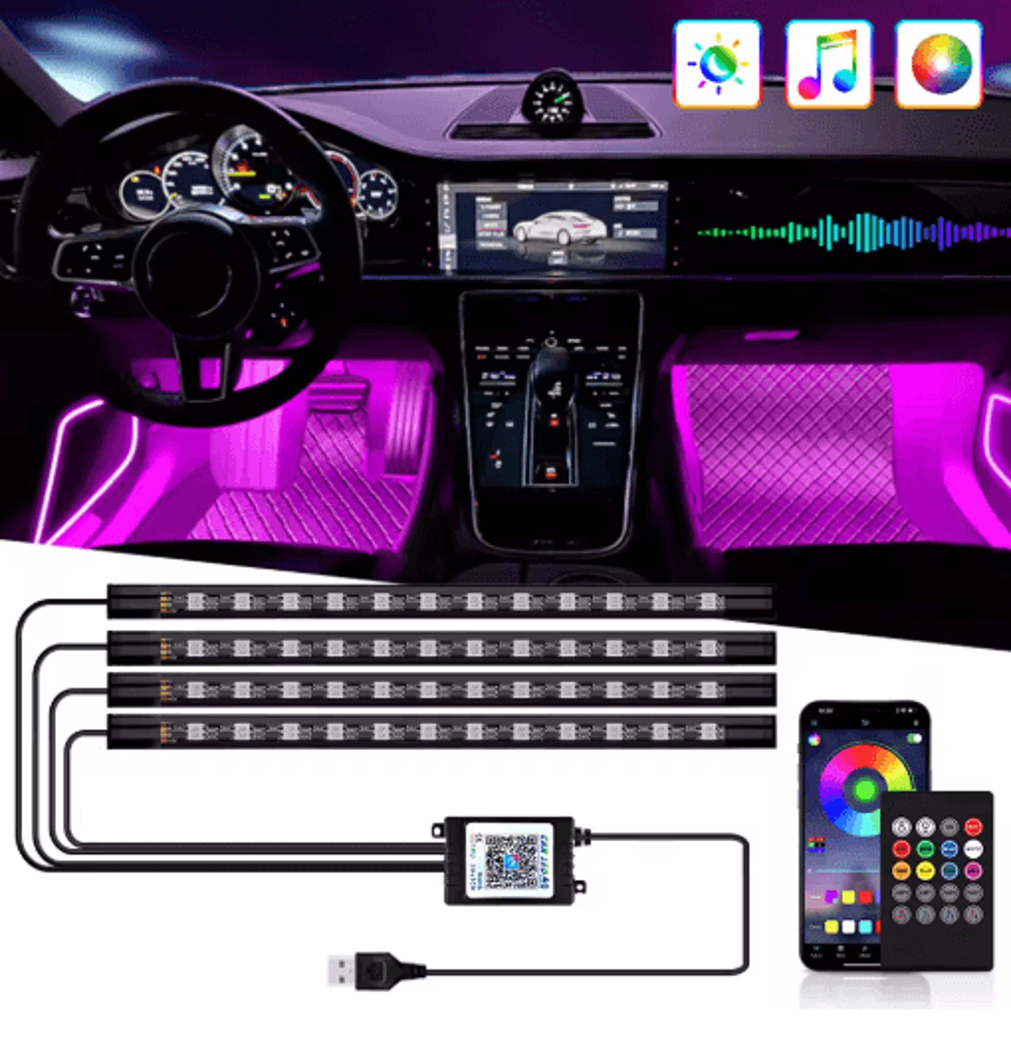 rgb neon led car interior ambient light kit with app and music control