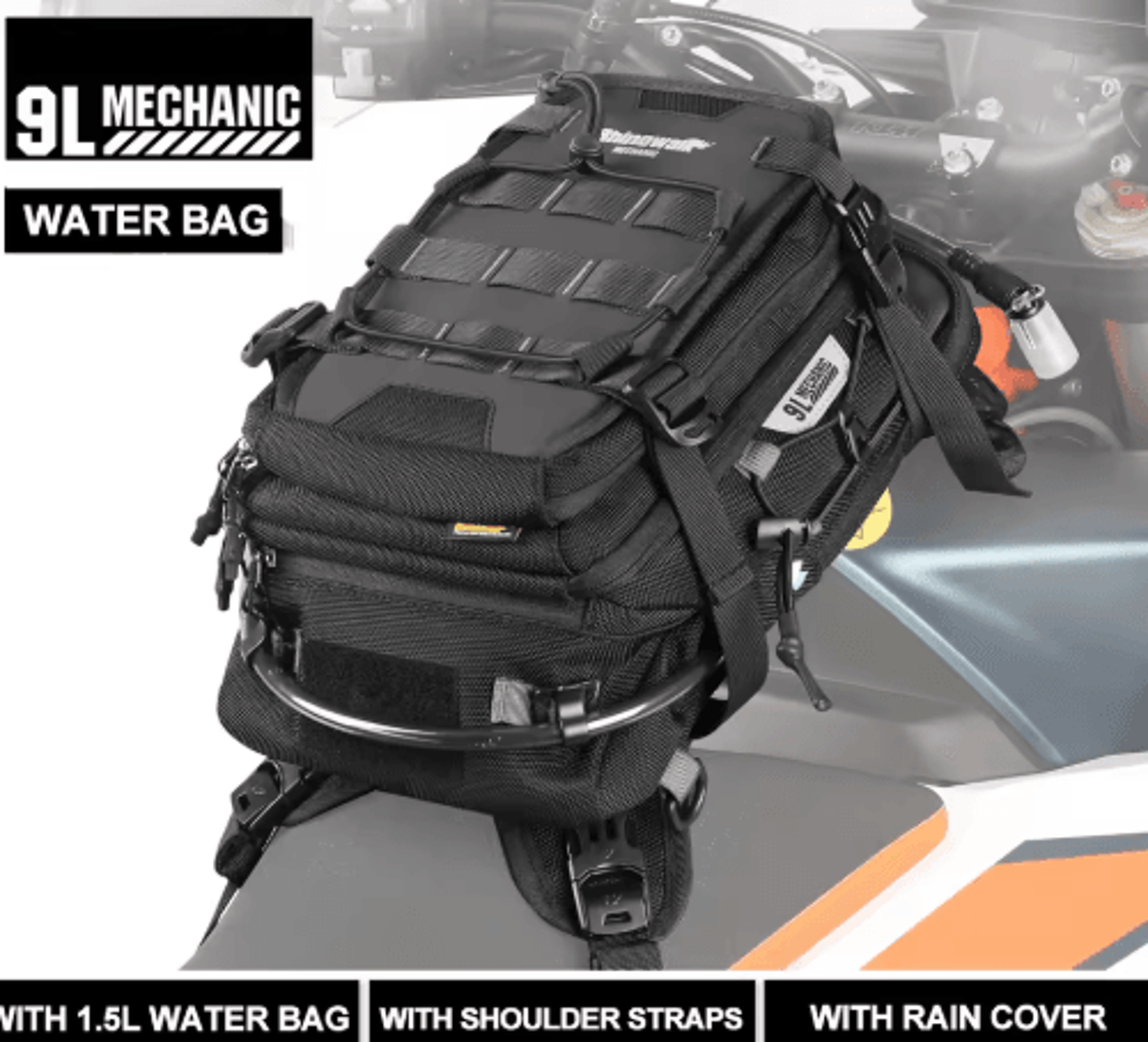 9l motorcycle tank bag – multi-compartment backpack with rain cover & 1.5l water bag
