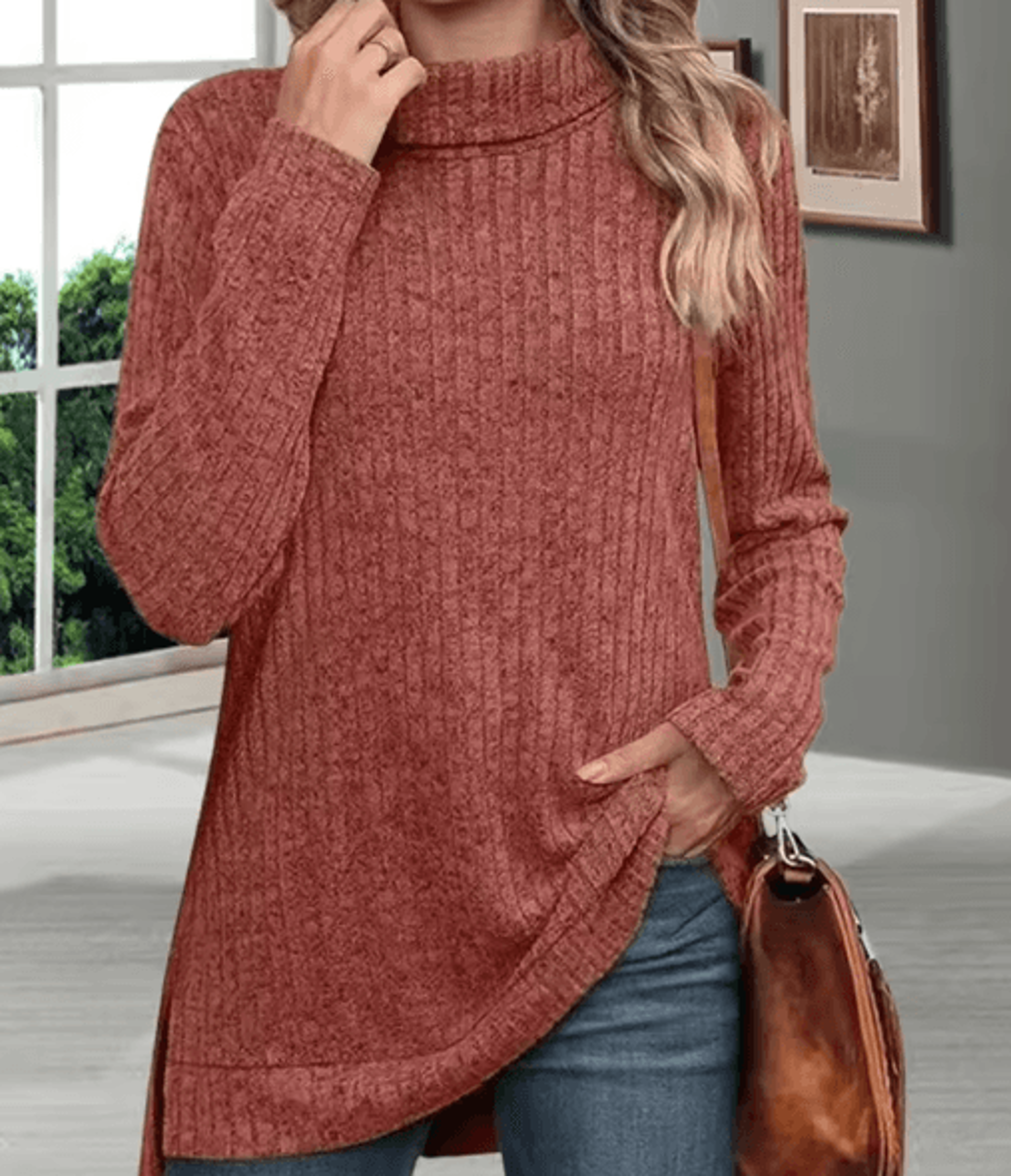 Womens Thick Striped Turtleneck Sweater  Warm Loose Knit Pullover 1