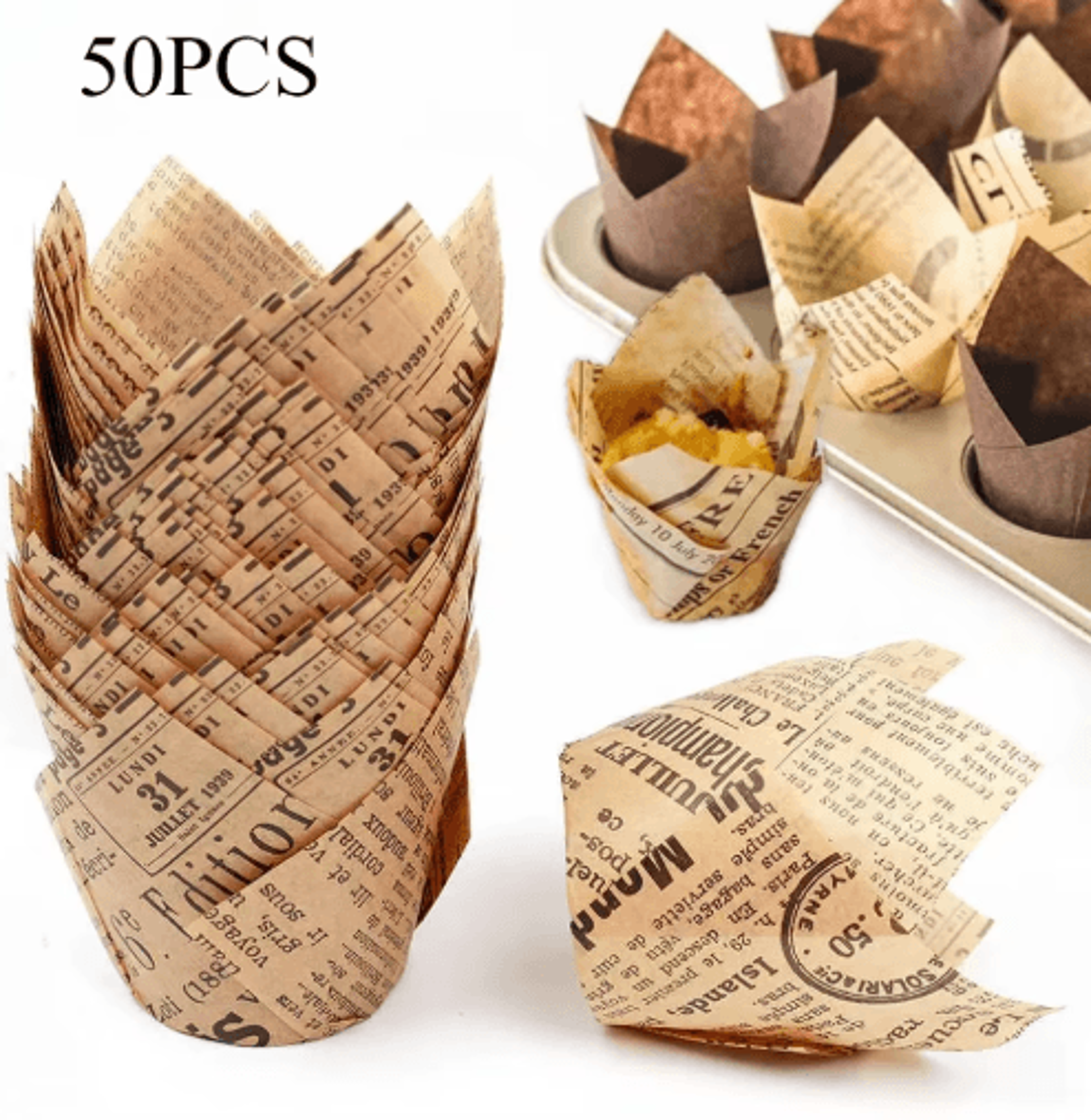50-piece newspaper style cupcake liners – decorative baking paper cups