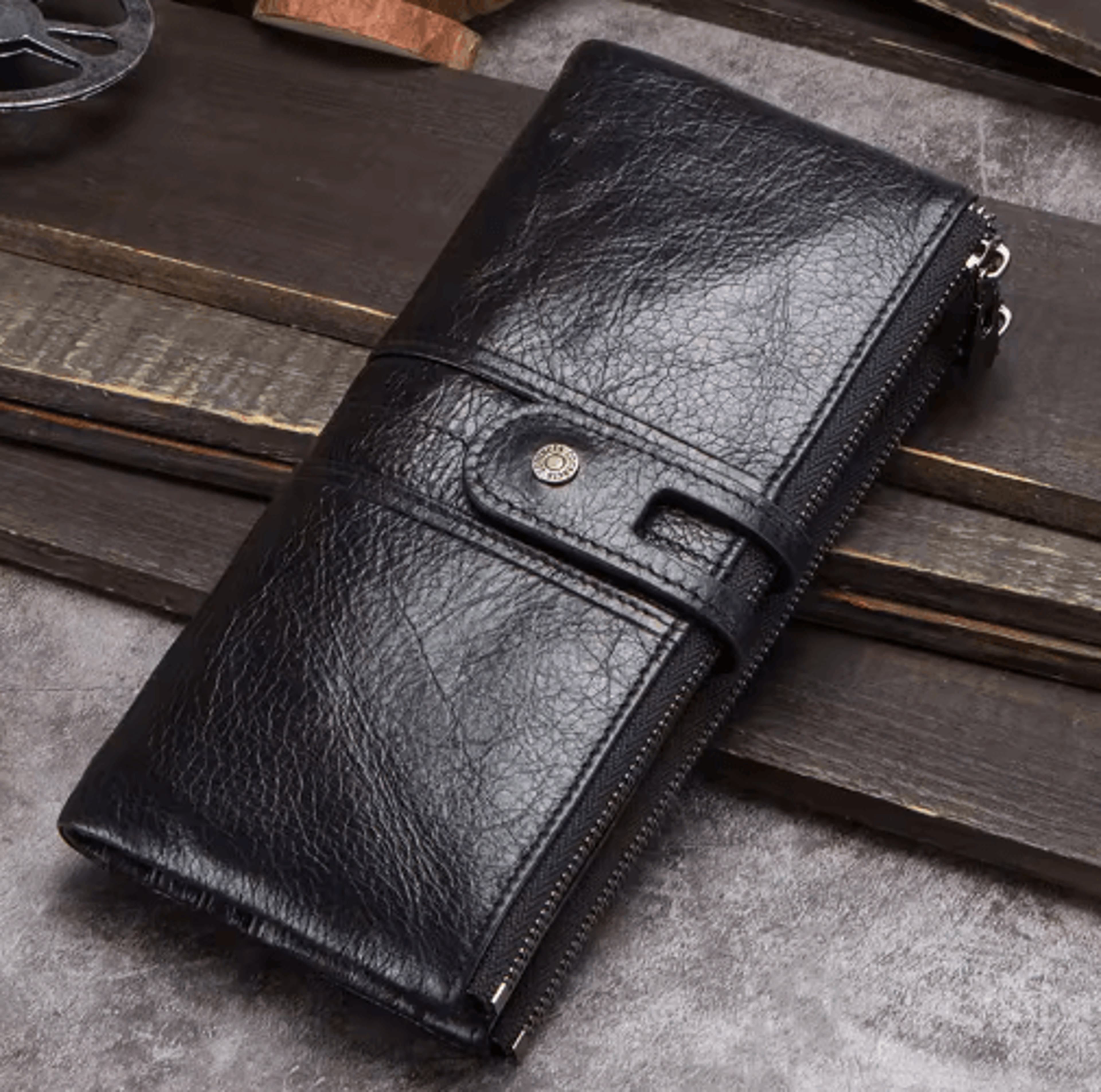 genuine leather long clutch wallet – vintage zipper card holder