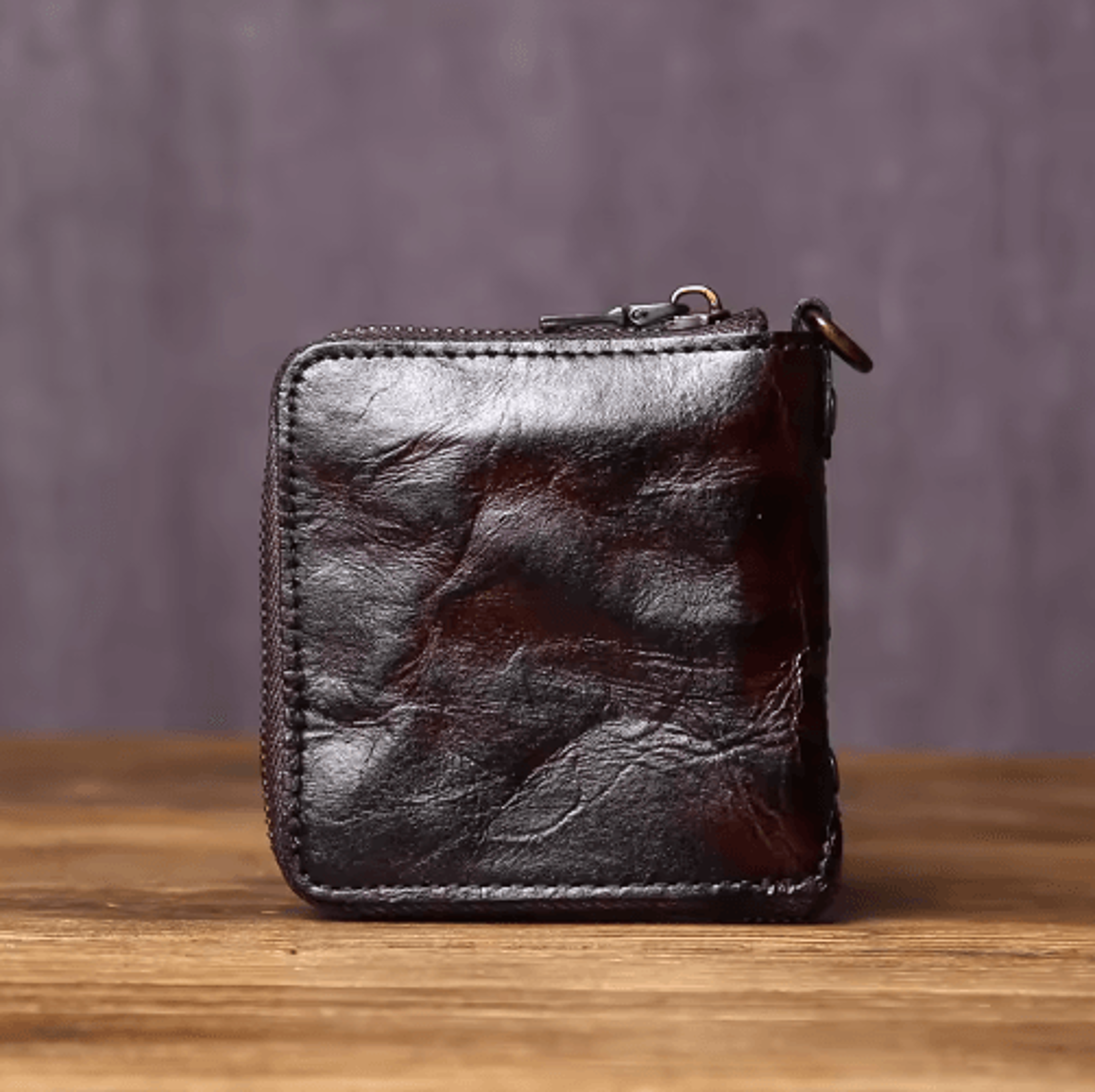 vintage vegetable-tanned leather coin purse – men's zipper card wallet