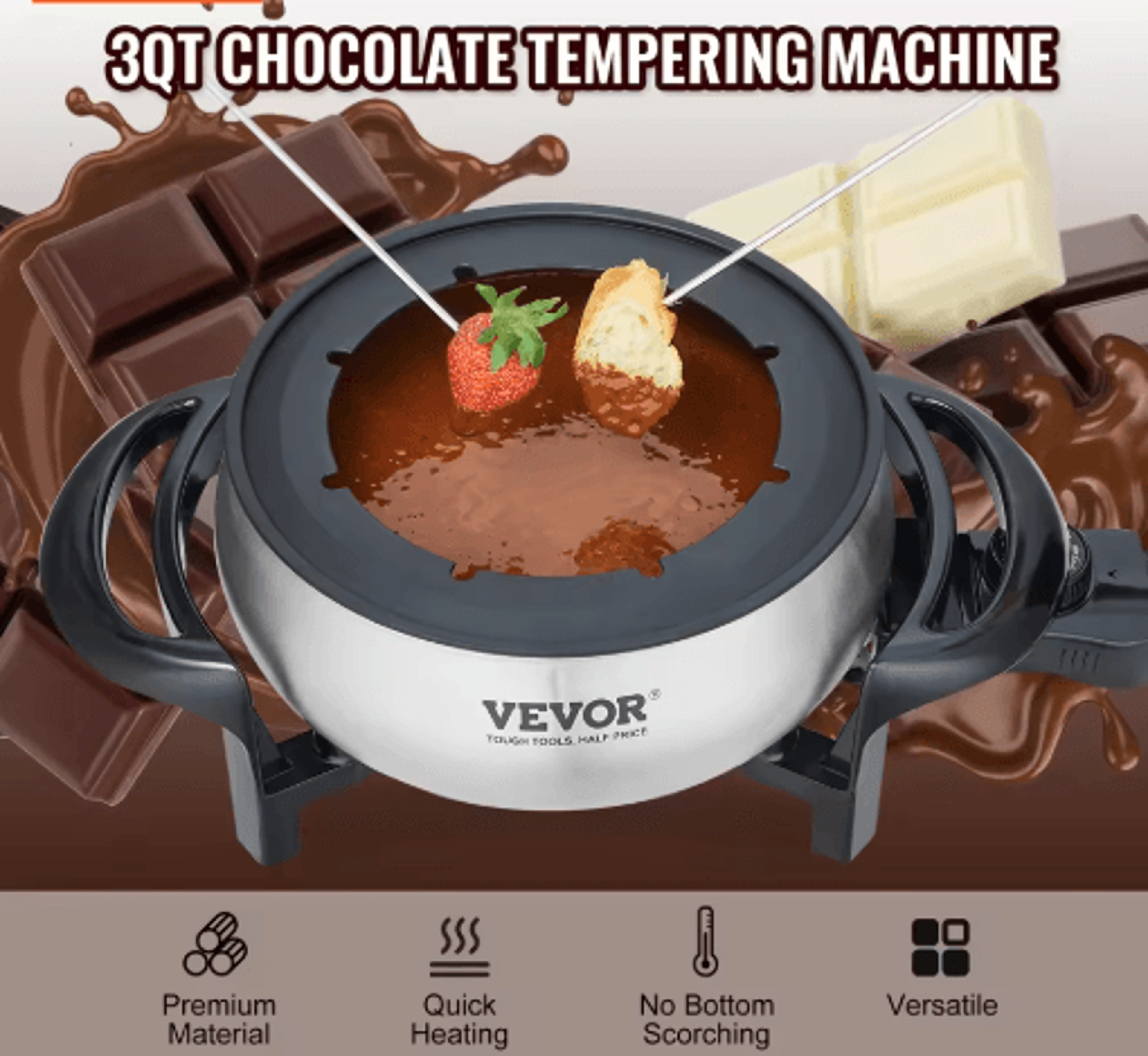 3-quart electric fondue pot – stainless steel cheese & chocolate melting set
