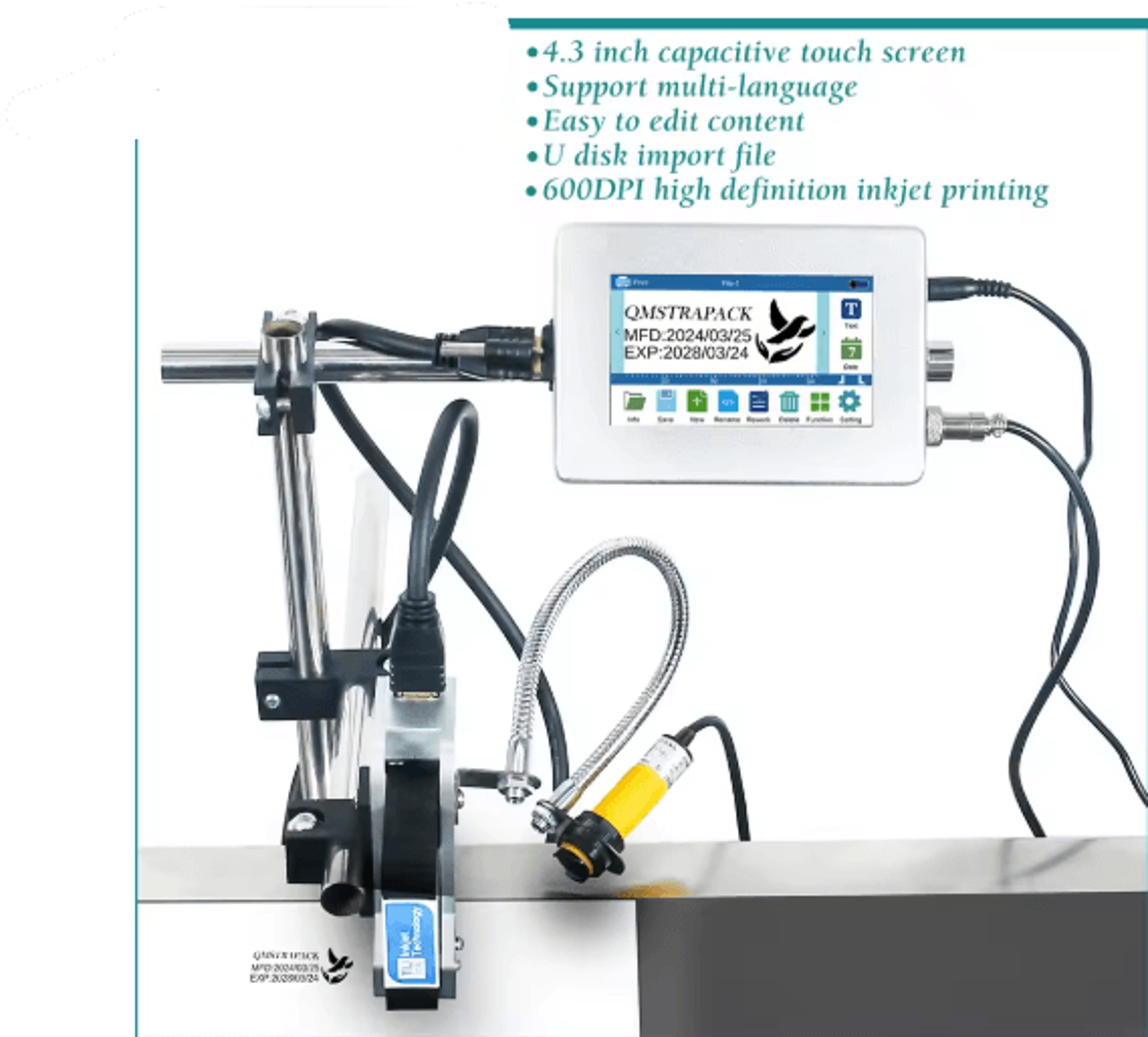 4.3-inch industrial online inkjet printer – qr code, barcode & expiry date coding machine