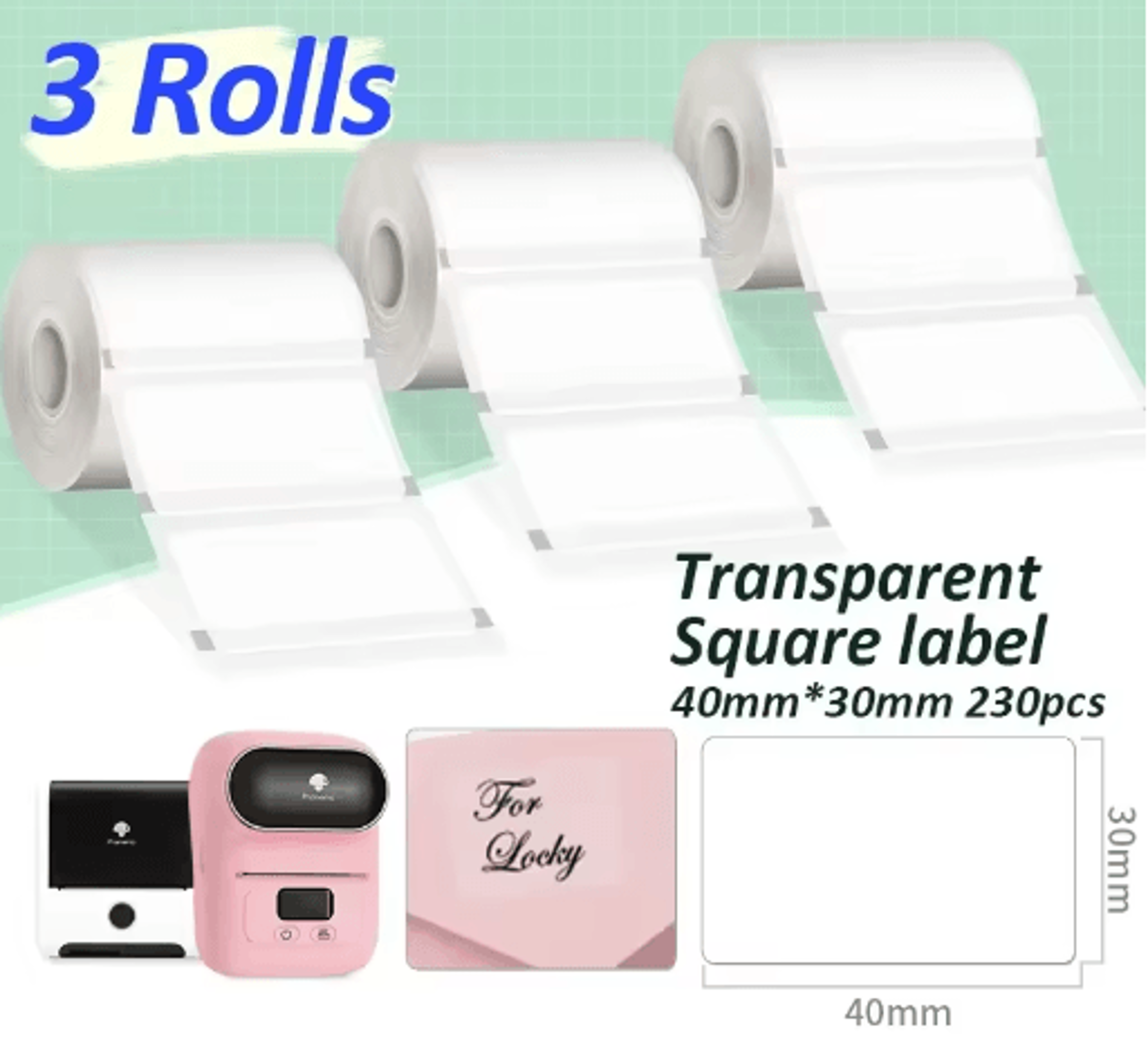 3 Rolls Transparent Thermal Sticker Labels  40x30mm Clear Barcode  Logo Printing Paper 1