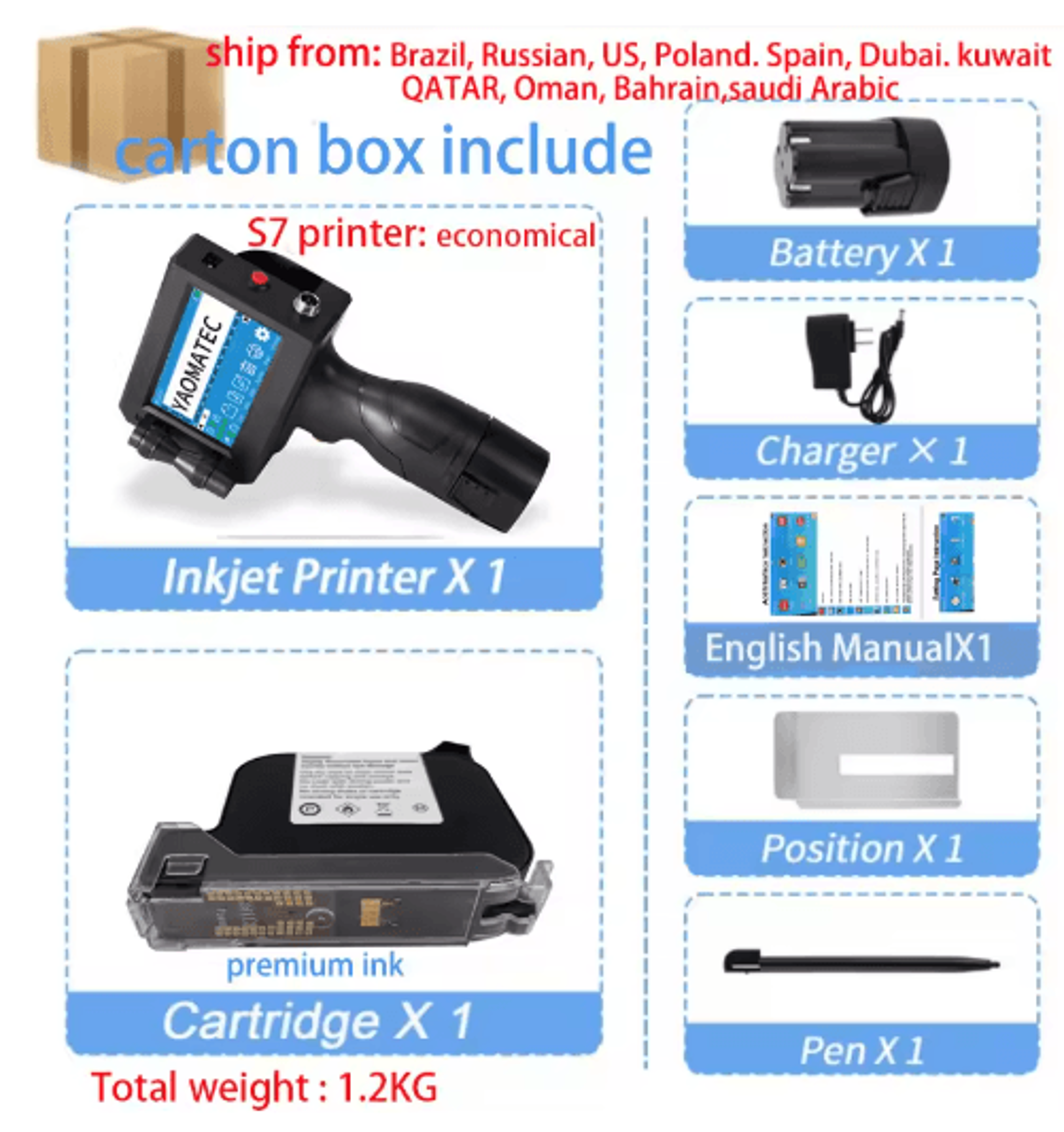 S7 Y7 Handheld Inkjet Printer  127mm Portable QR Code  Expiry Date Coding Machine 1