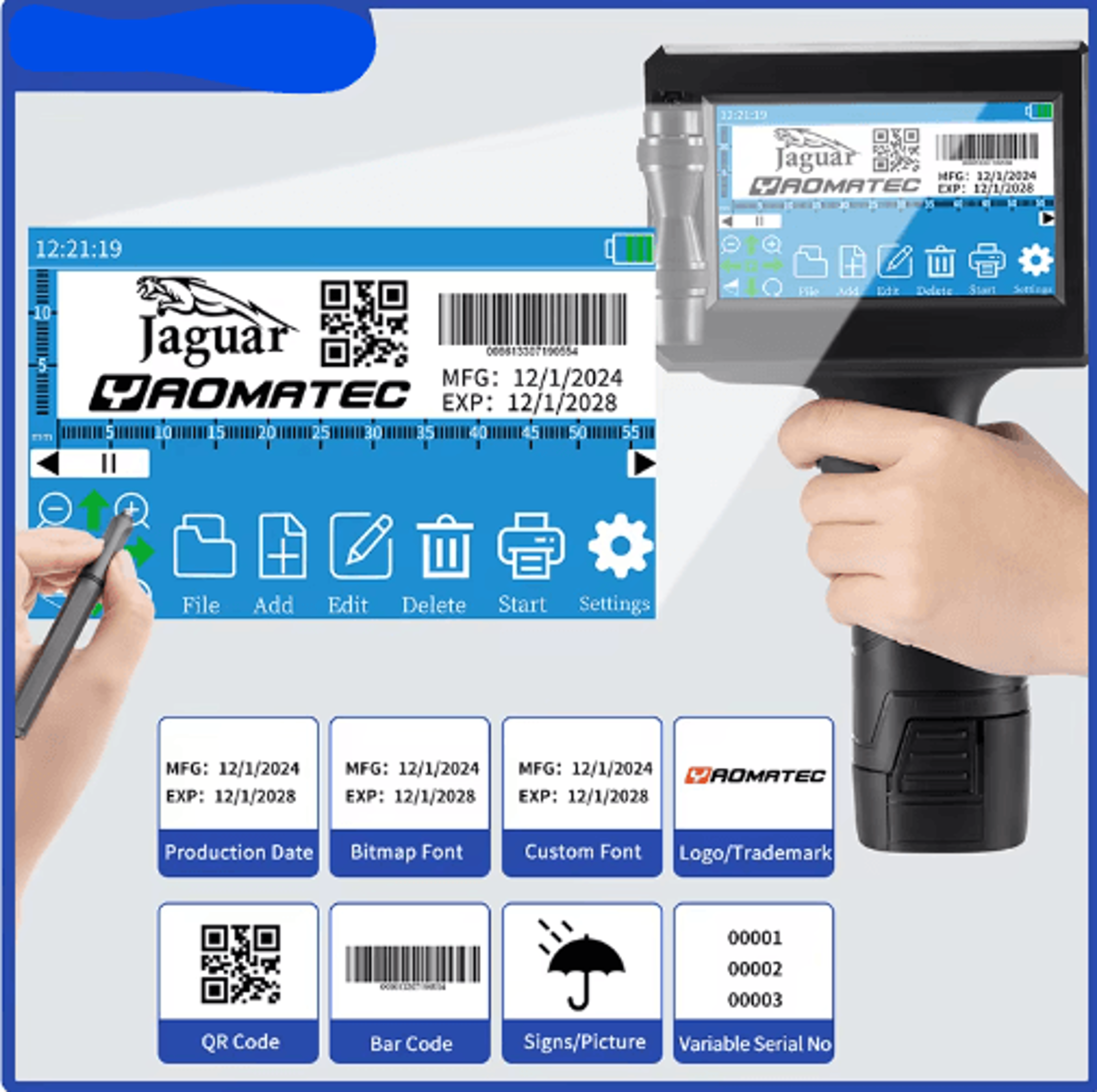 S7 Y7 Handheld Inkjet Printer  127mm Portable QR Code  Expiry Date Coding Machine 10