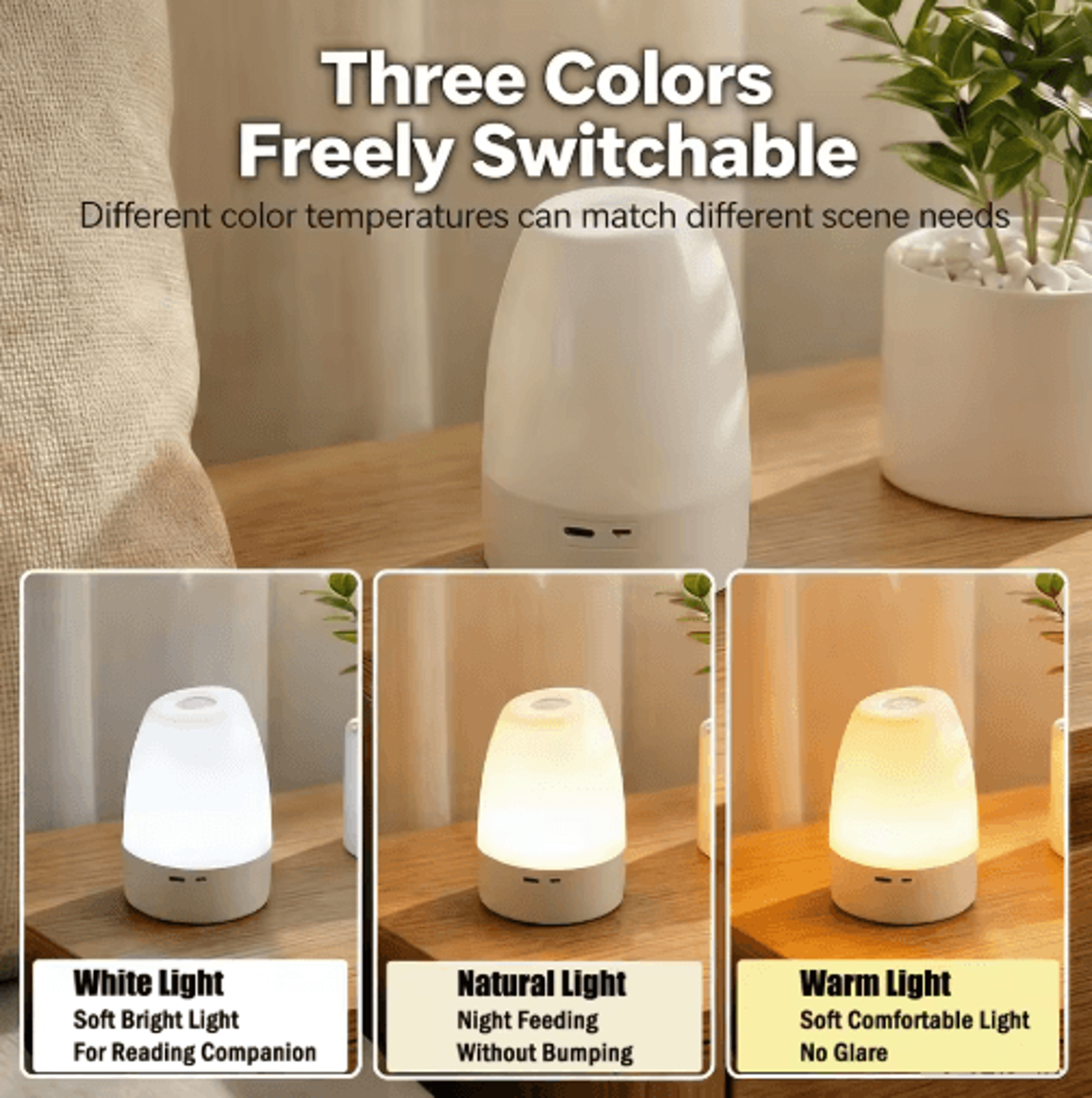 Rechargeable Touch LED Night Light  Dimmable 3Color Table Lamp With Remote Control 7