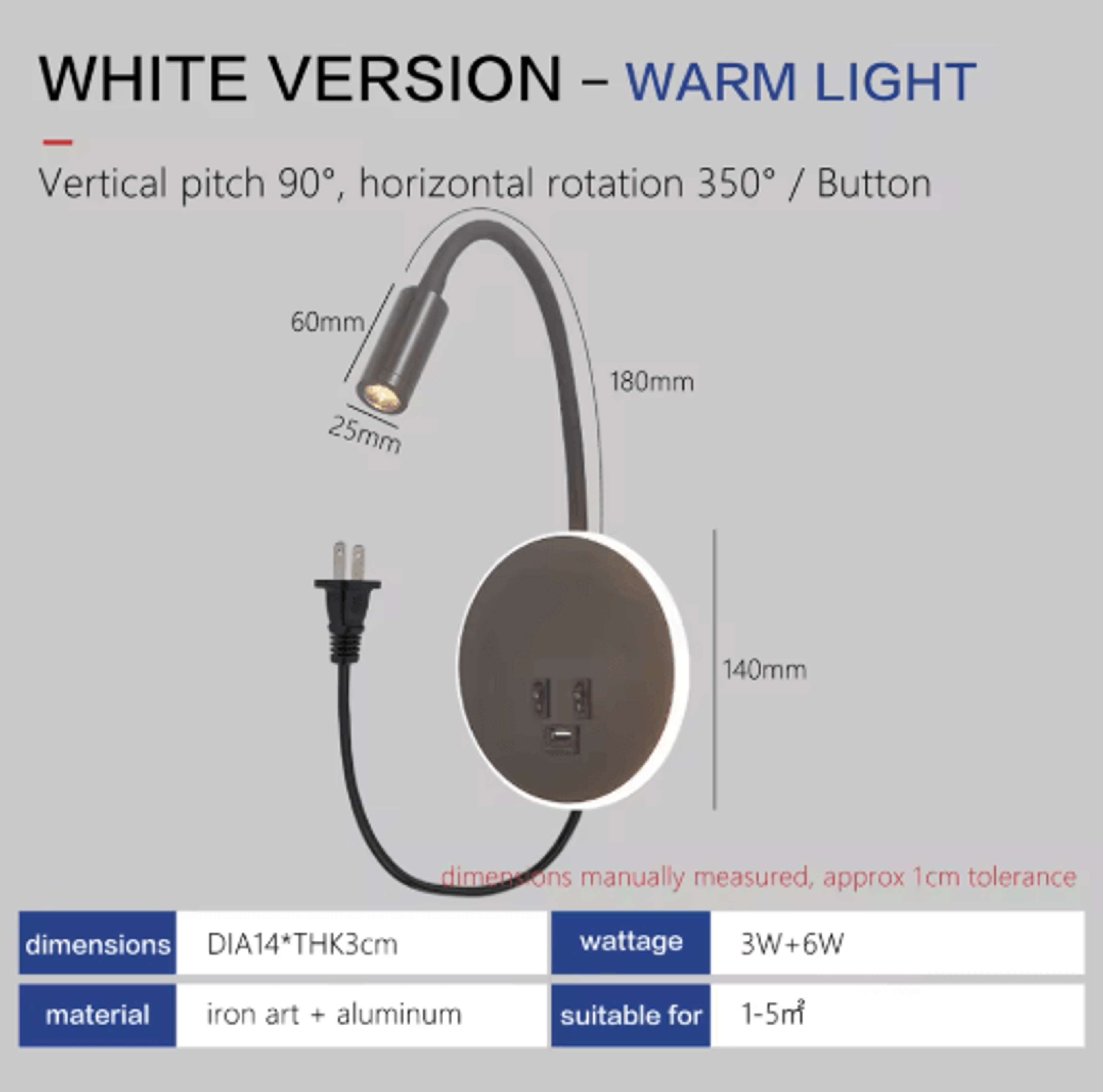 LED Gooseneck Wall Reading Lamp  Flexible Bedside Spotlight With USB Port  Switch 4