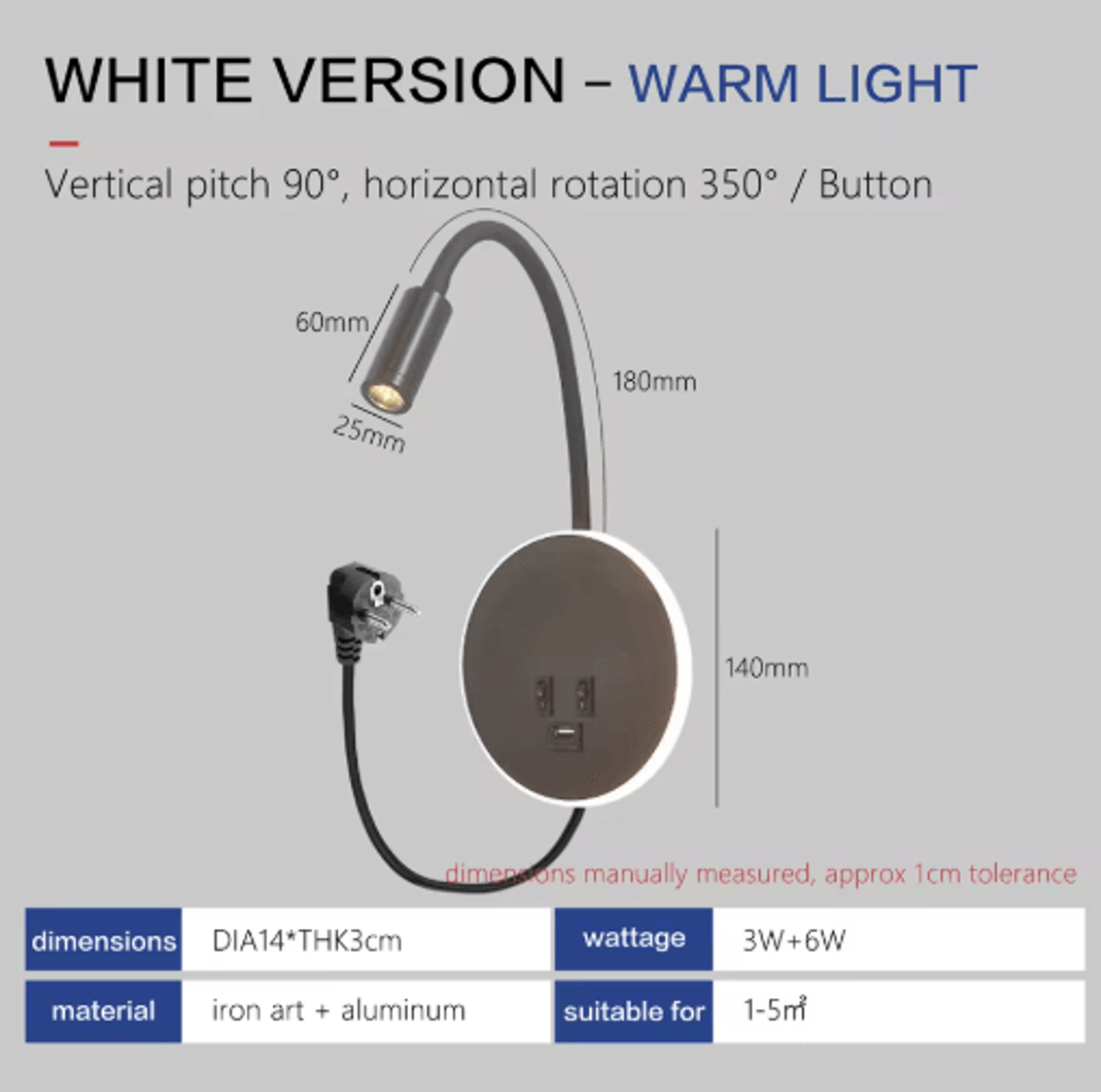 LED Gooseneck Wall Reading Lamp  Flexible Bedside Spotlight With USB Port  Switch 2