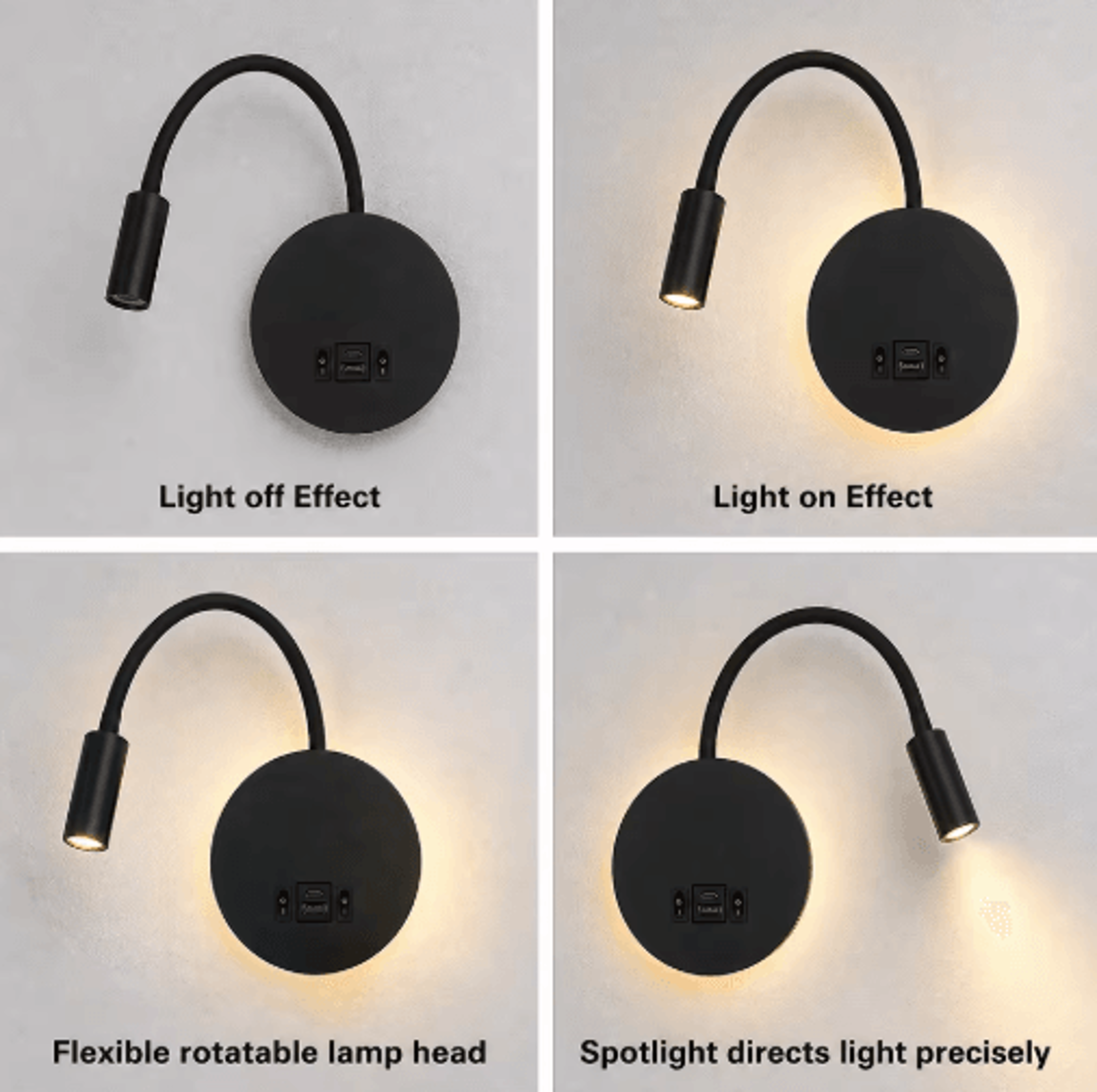 LED Gooseneck Wall Reading Lamp  Flexible Bedside Spotlight With USB Port  Switch 9