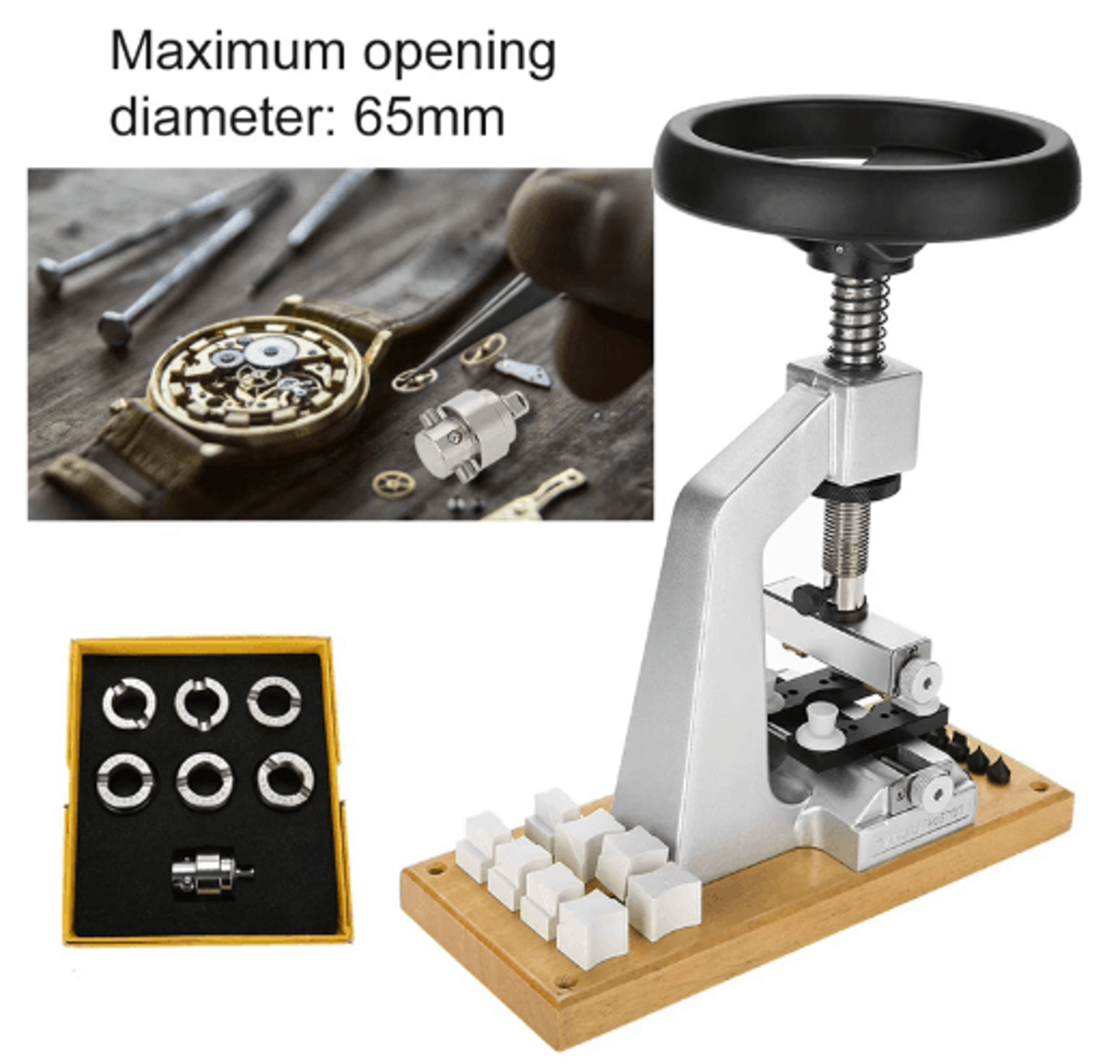 Bench Watch Case Opener  Wristwatch Back Removal Tool With 6 Dies 3