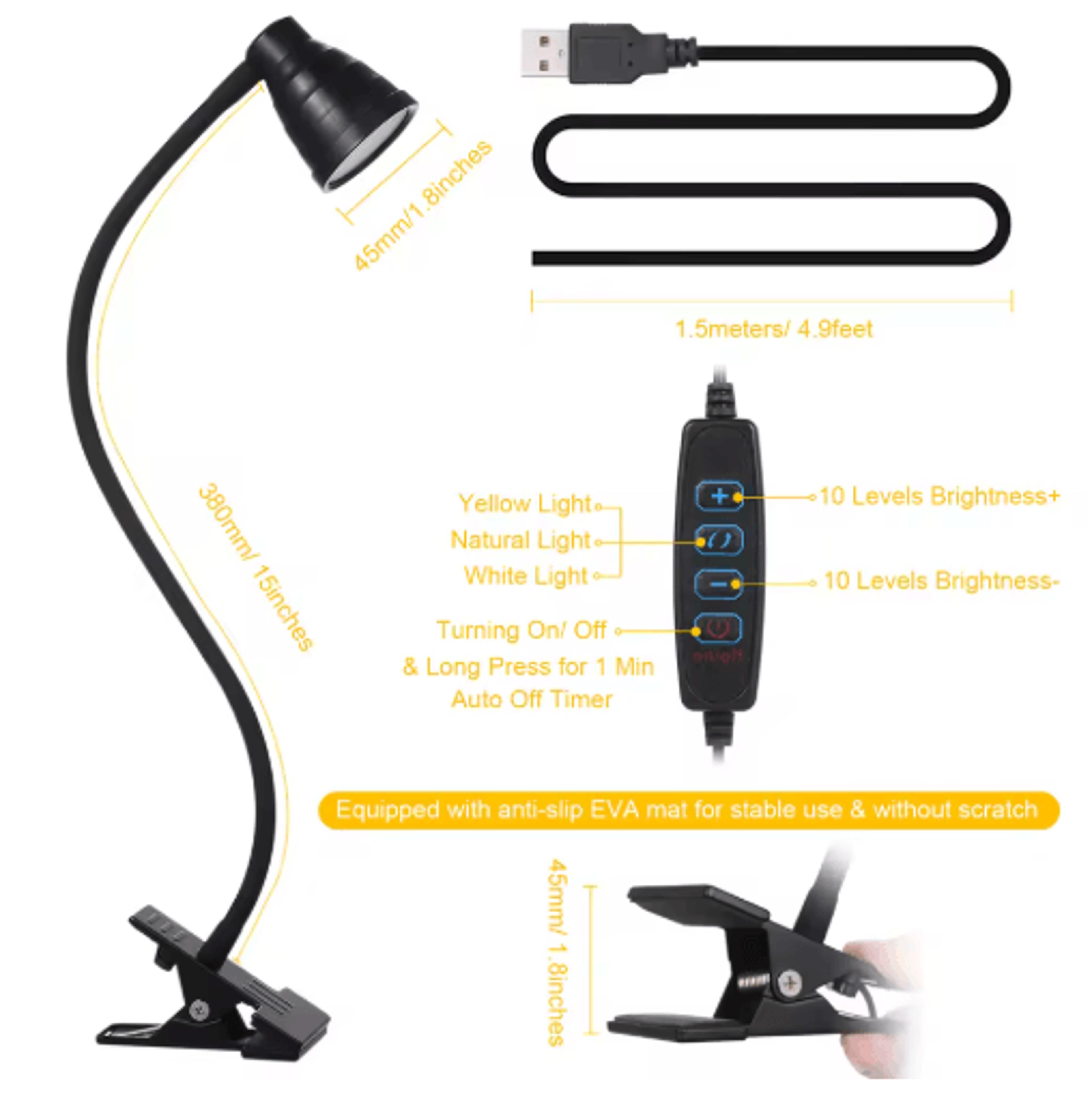 5W USB ClipOn Desk Lamp  24 LED Reading Light With 3 Color Modes 7