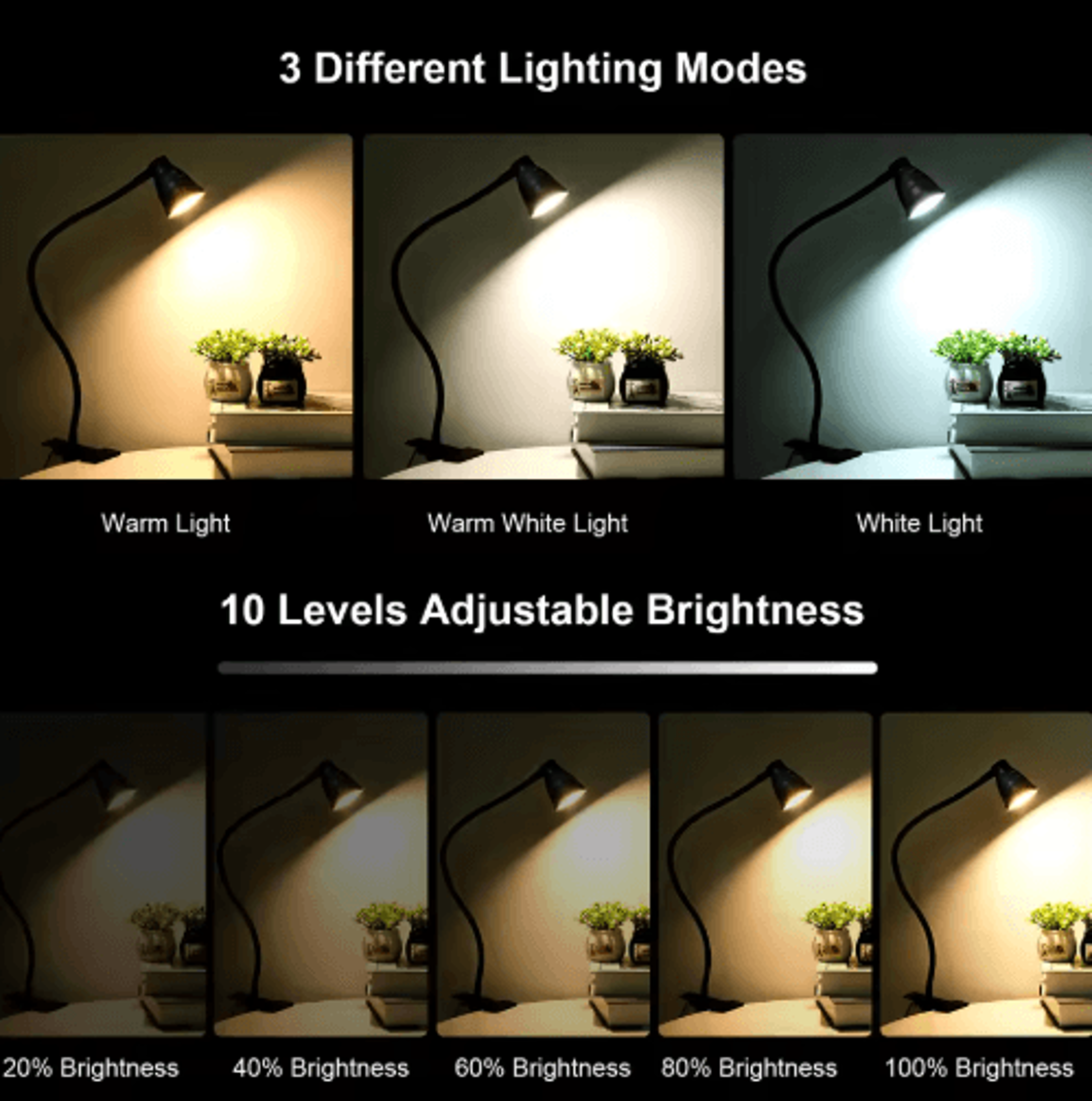5W USB ClipOn Desk Lamp  24 LED Reading Light With 3 Color Modes 6
