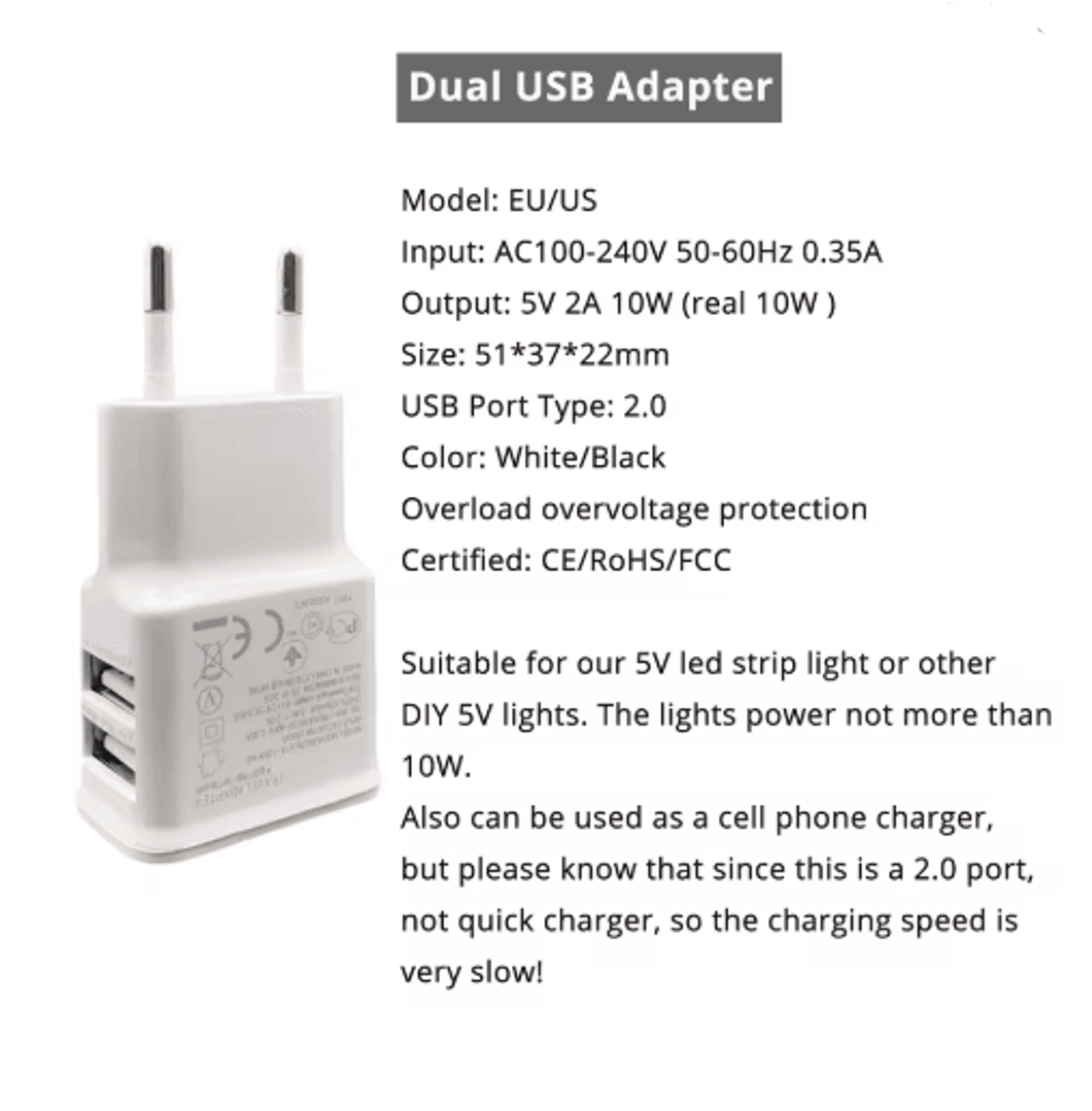 2Pack 5V 2A USB Power Supply Adapter  10W LED Strip Light Charger 8