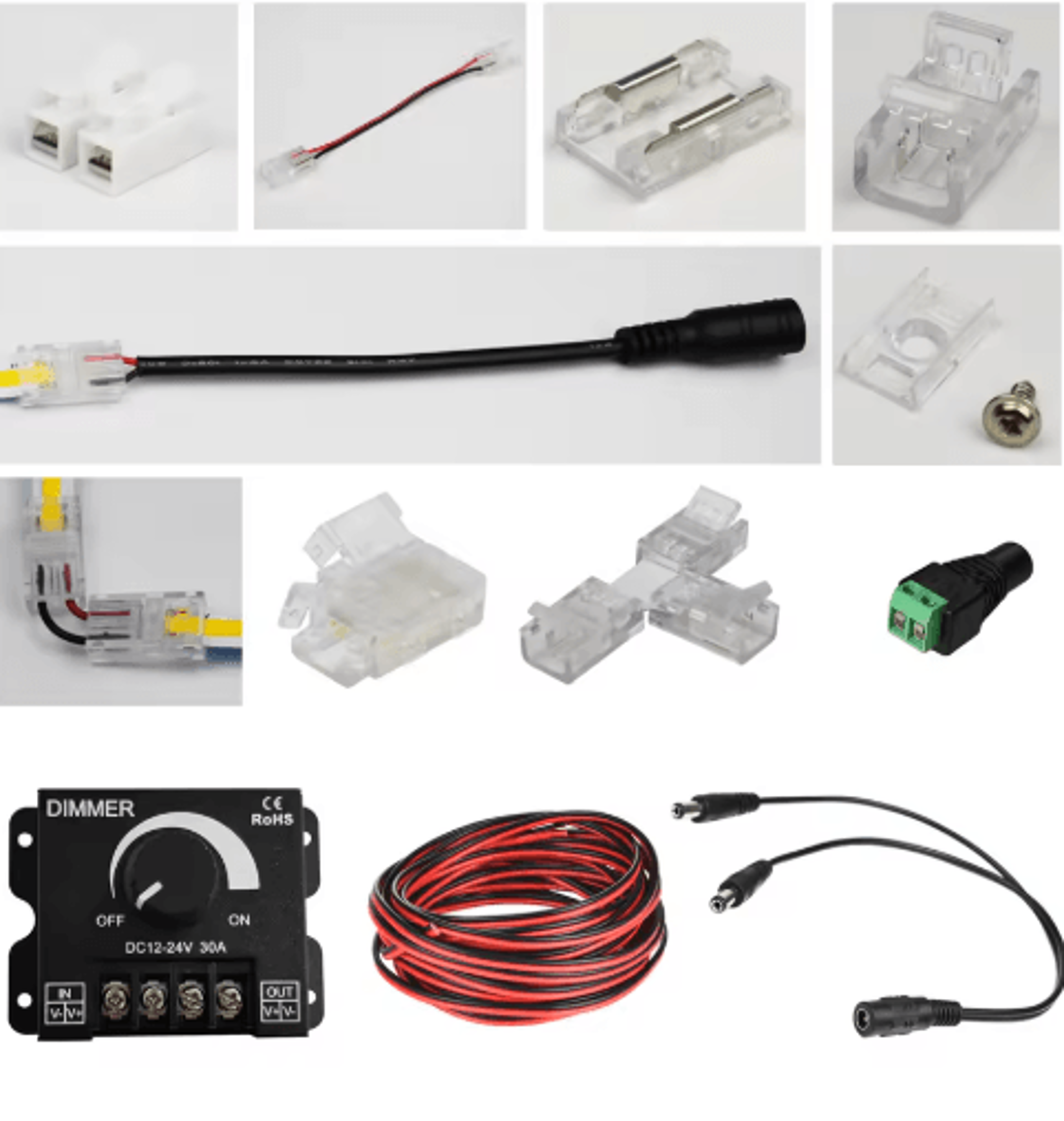 8mm cob led strip connectors – 90° corner, t-type and extension cable accessories