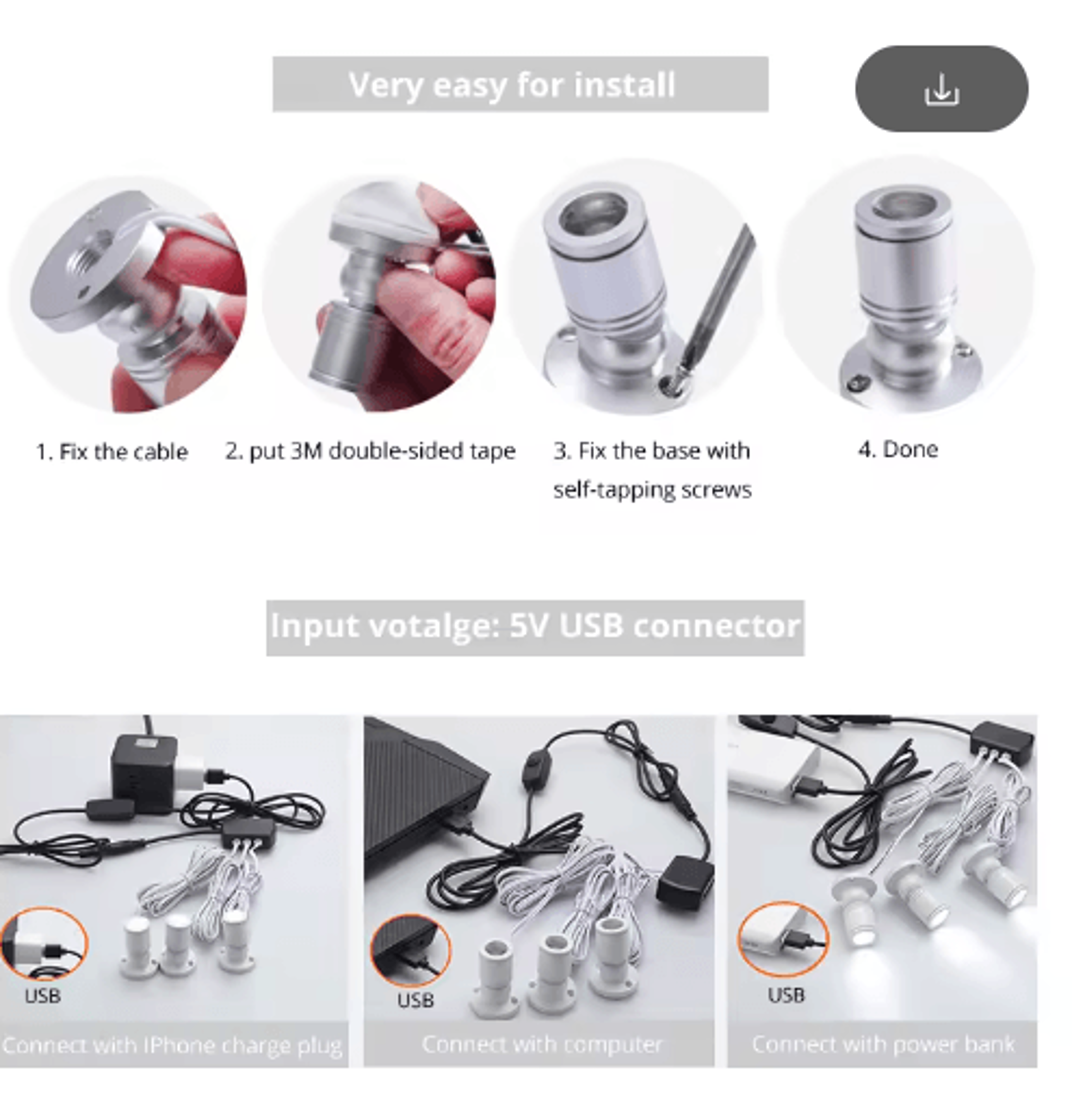 10Pack 5V USB Mini LED Spotlights  1W Adjustable UnderCabinet Display Lights 20