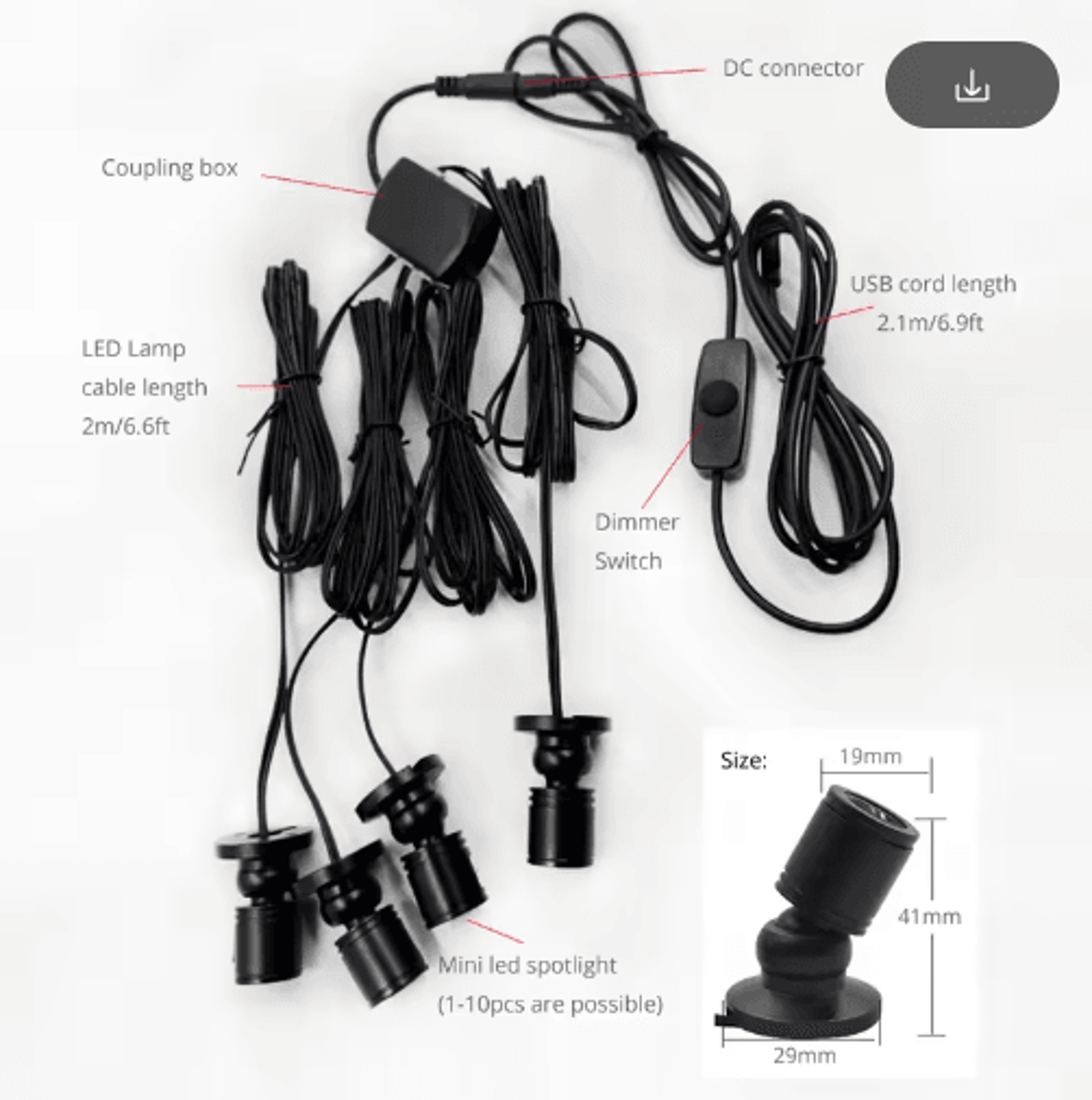 10Pack 5V USB Mini LED Spotlights  1W Adjustable UnderCabinet Display Lights 21