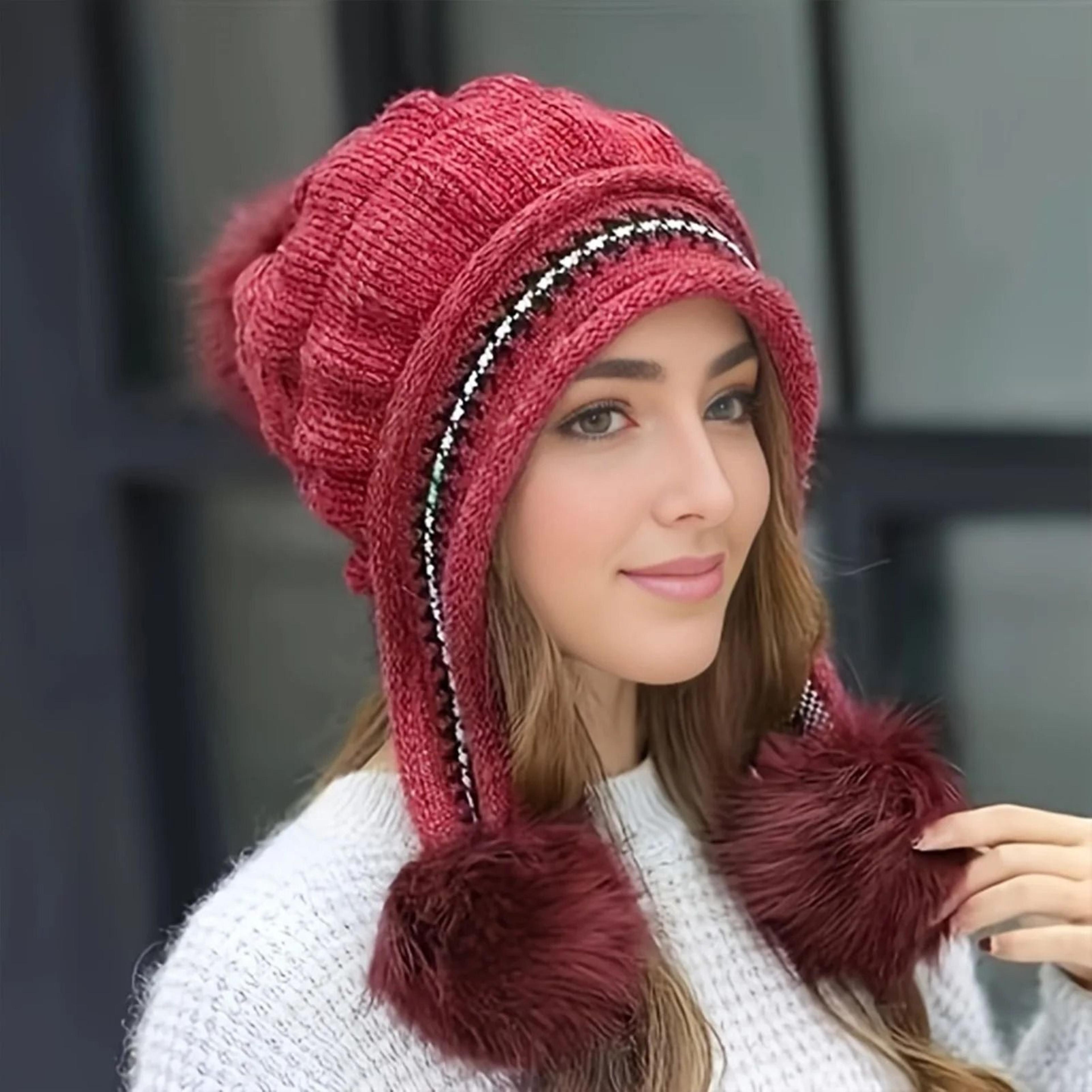 Women Winter Fleece Lined Fur Earflap Beanie Hat 4