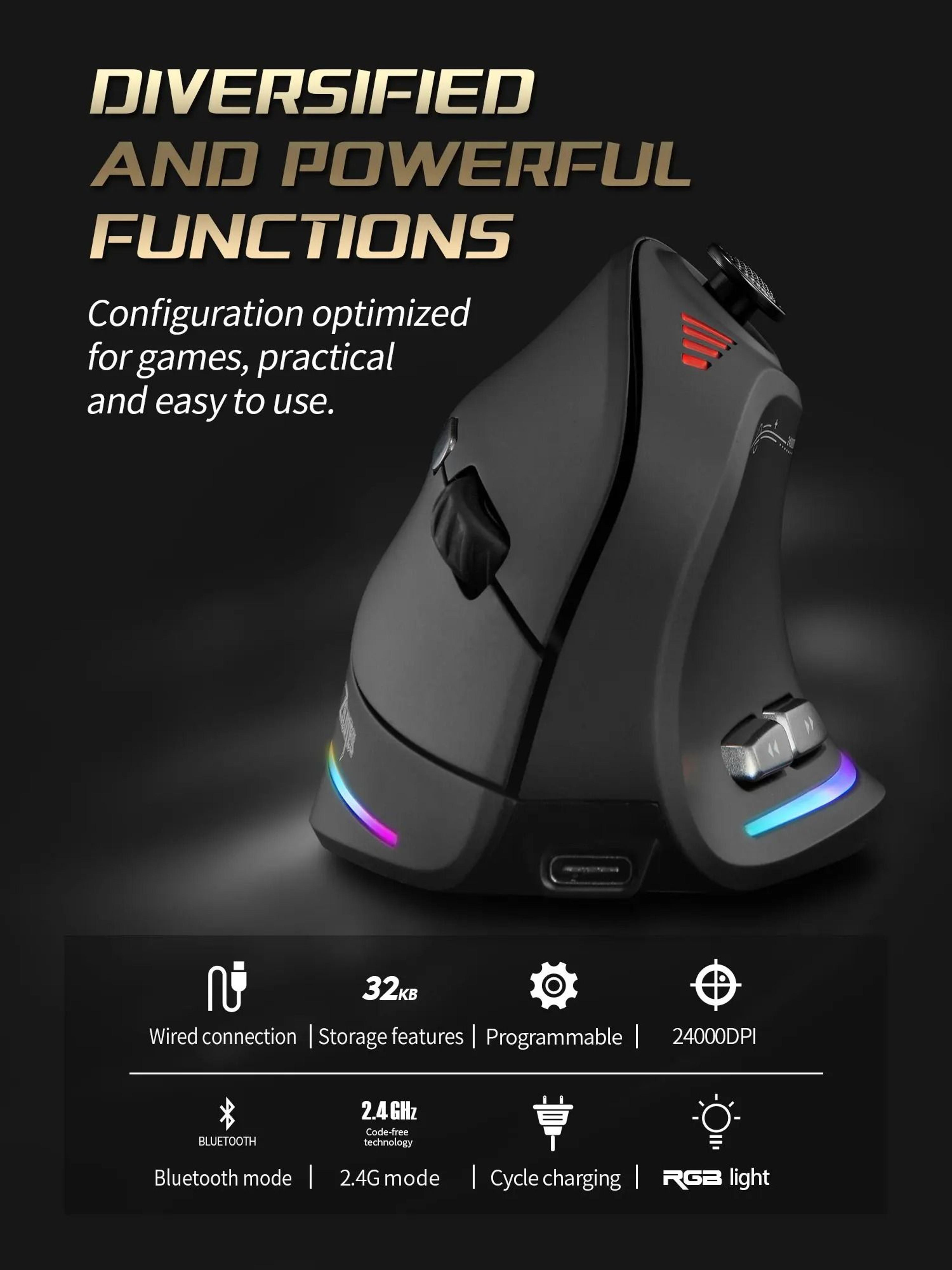 ZELOTES F18 Vertical Ergonomic Wireless Gaming Mouse With Bluetooth High DPI Control 6
