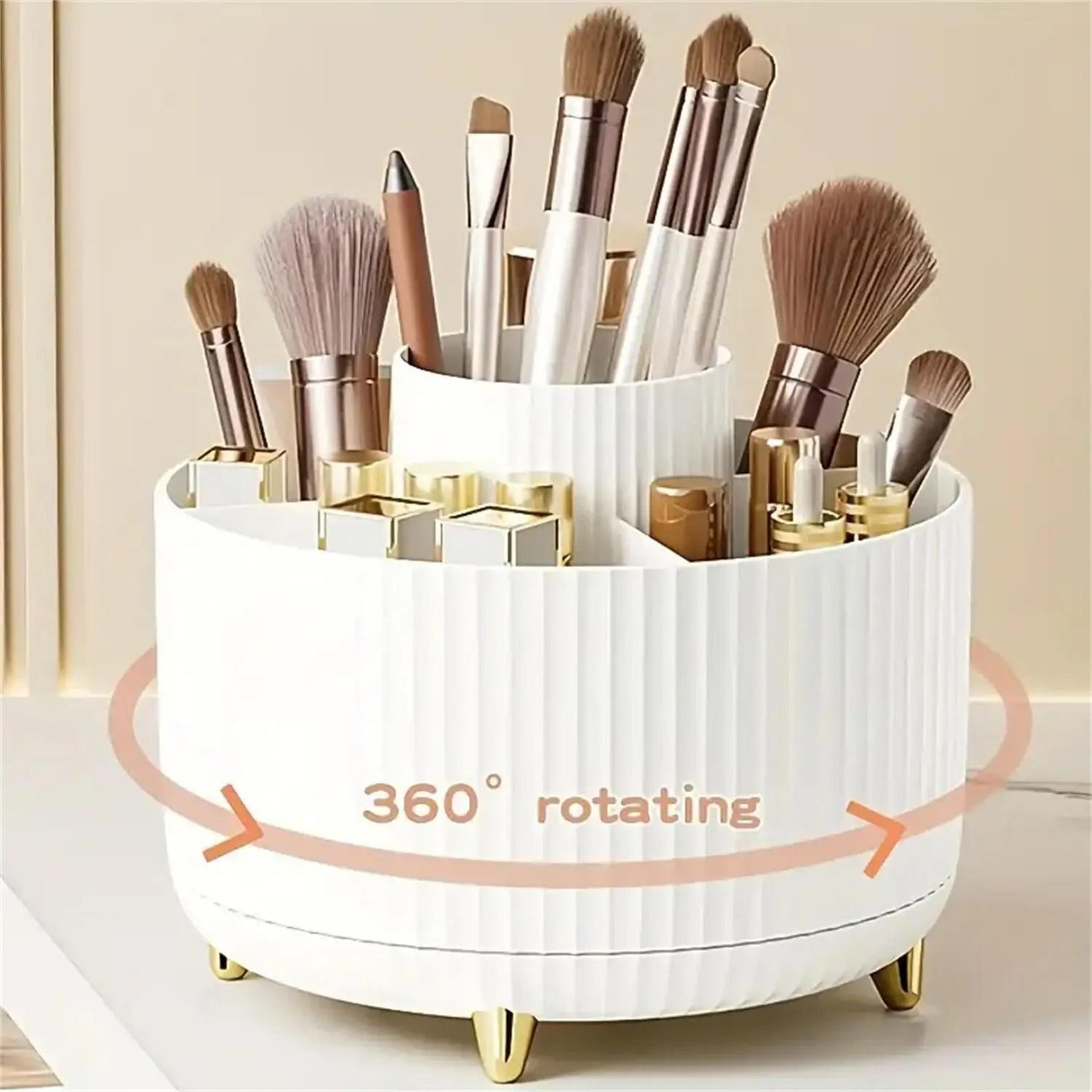 Rotating Makeup Organizer With Brush Holder And Storage Compartments 8