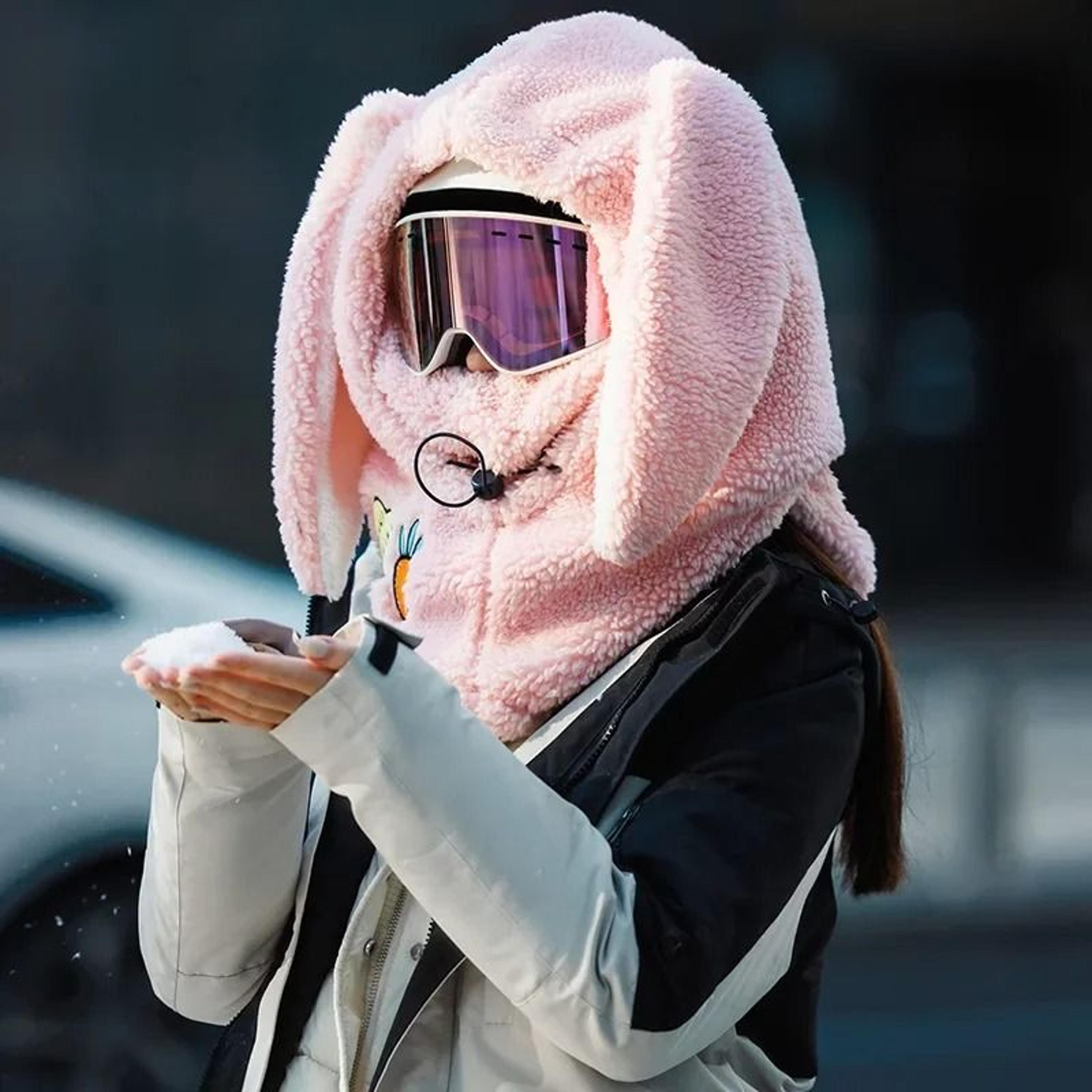 Winter Bunny Ear Ski Helmet Cover Warm Wool Hat Scarf 1