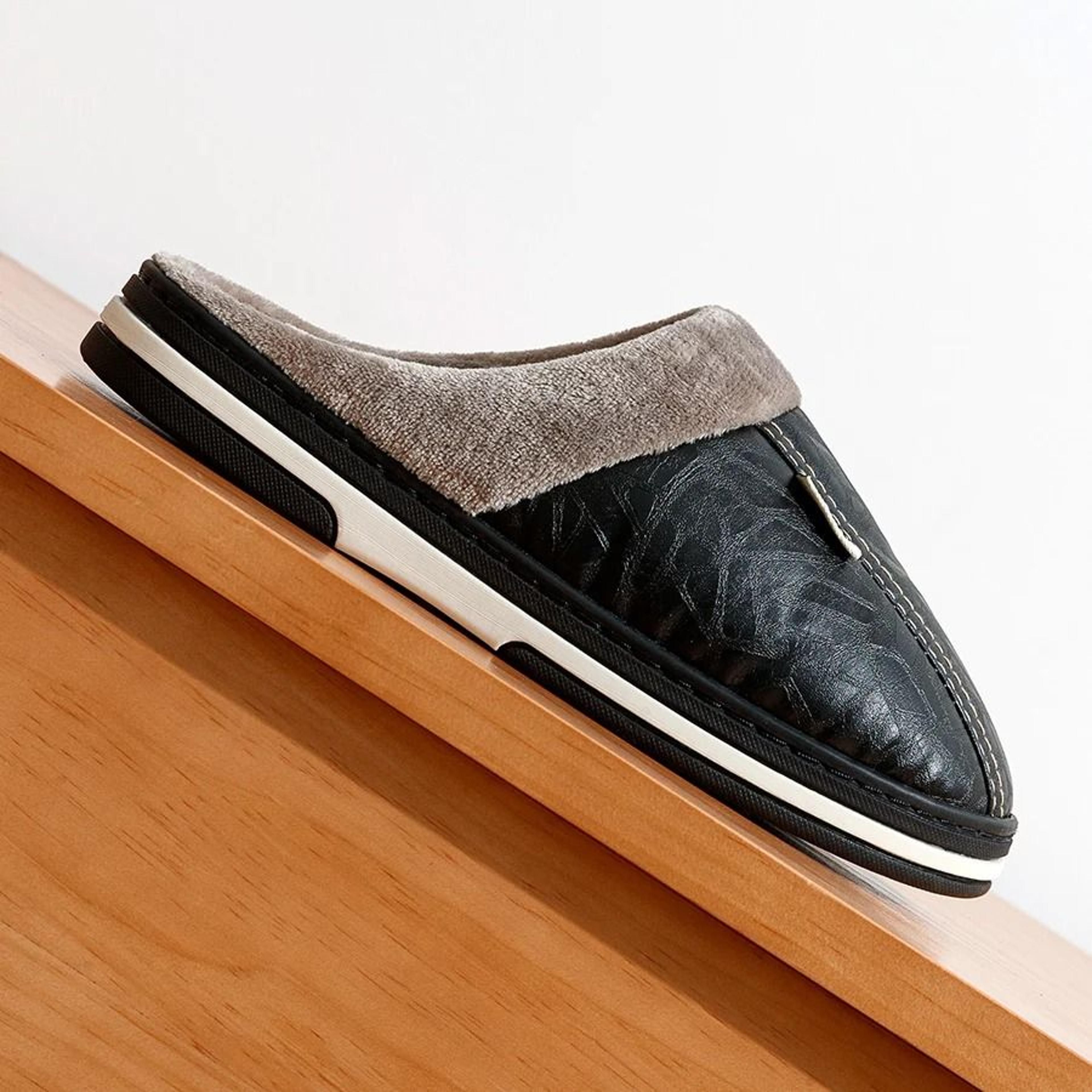 Mens Winter Indoor Slippers Waterproof PU Leather Warm House Shoes Big Sizes 7
