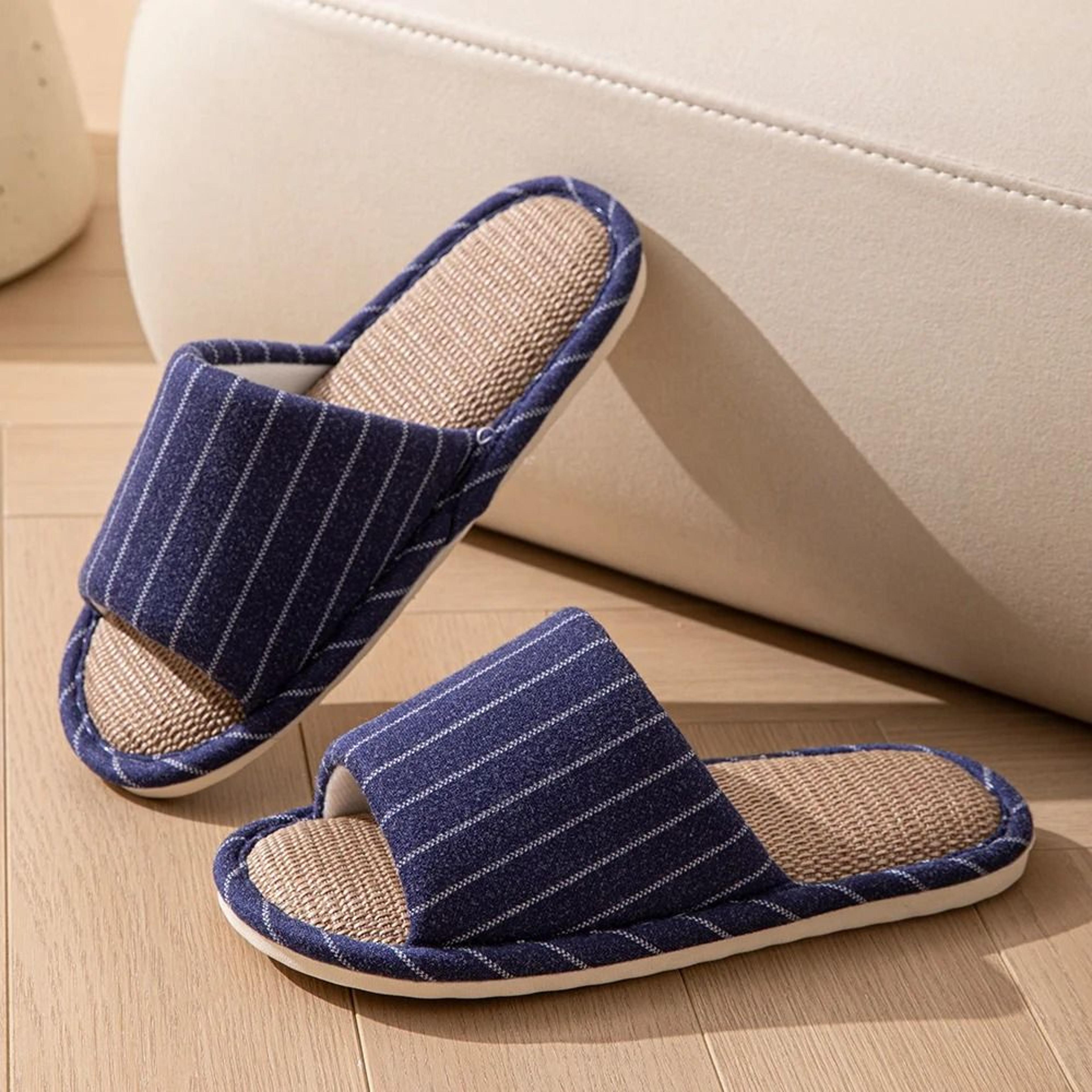 Spring Autumn Stripe Flax Indoor Slippers For Women Soft Sole Non Slip Home Shoes 2