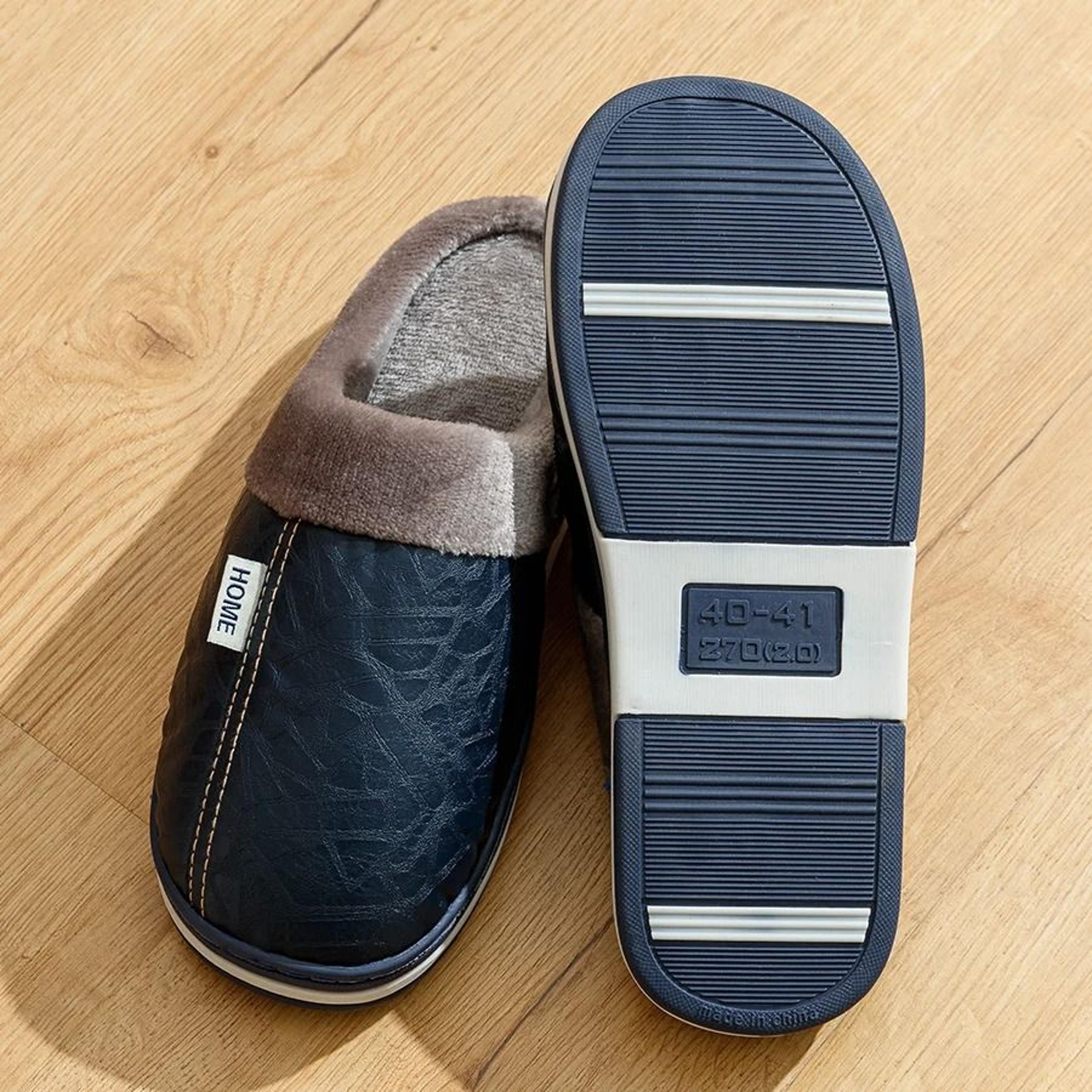 Big Size Mens Winter Indoor Slippers Waterproof PU Leather Warm House Shoes 4