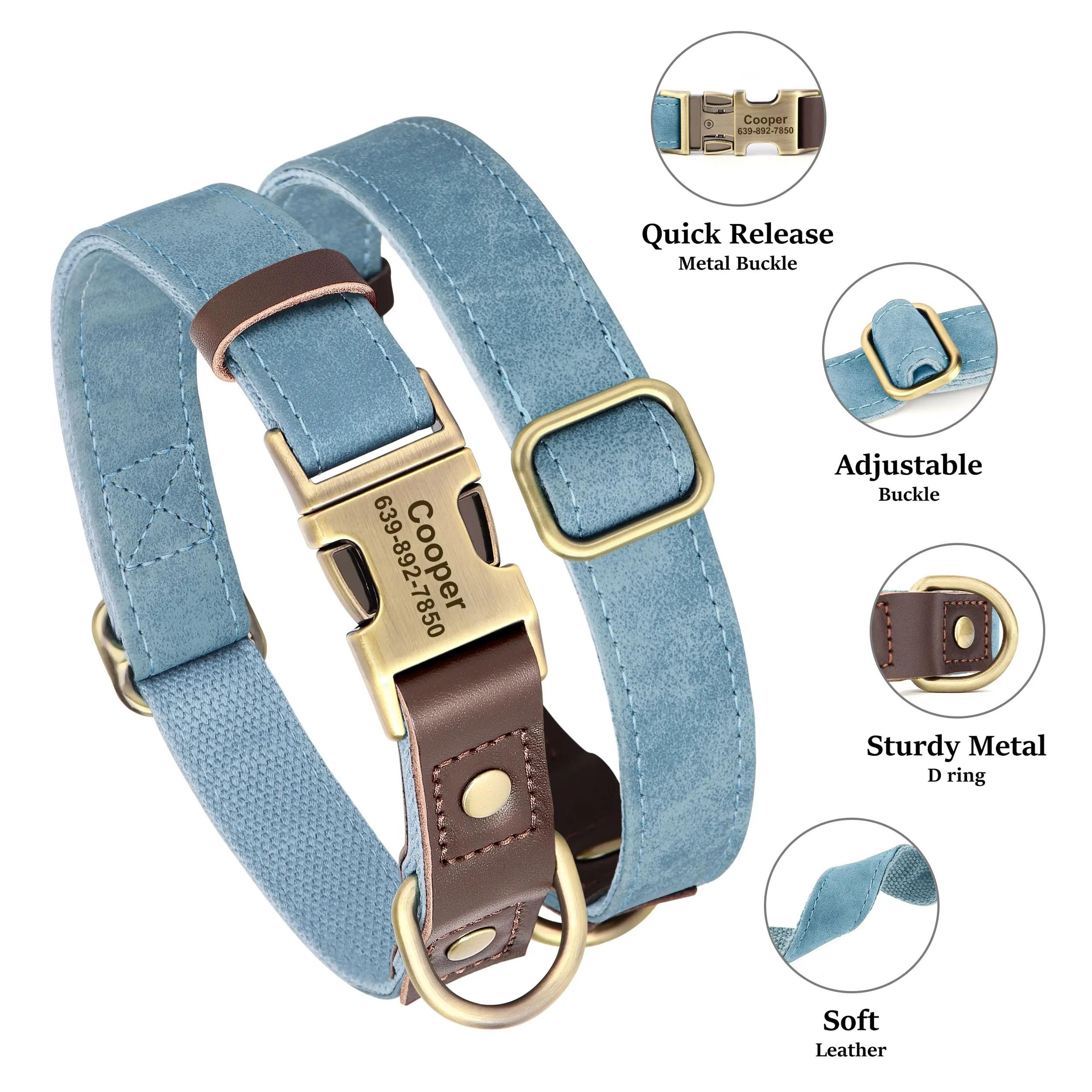 Custom Engraved PU Leather Dog Collar Adjustable ID Buckle 15