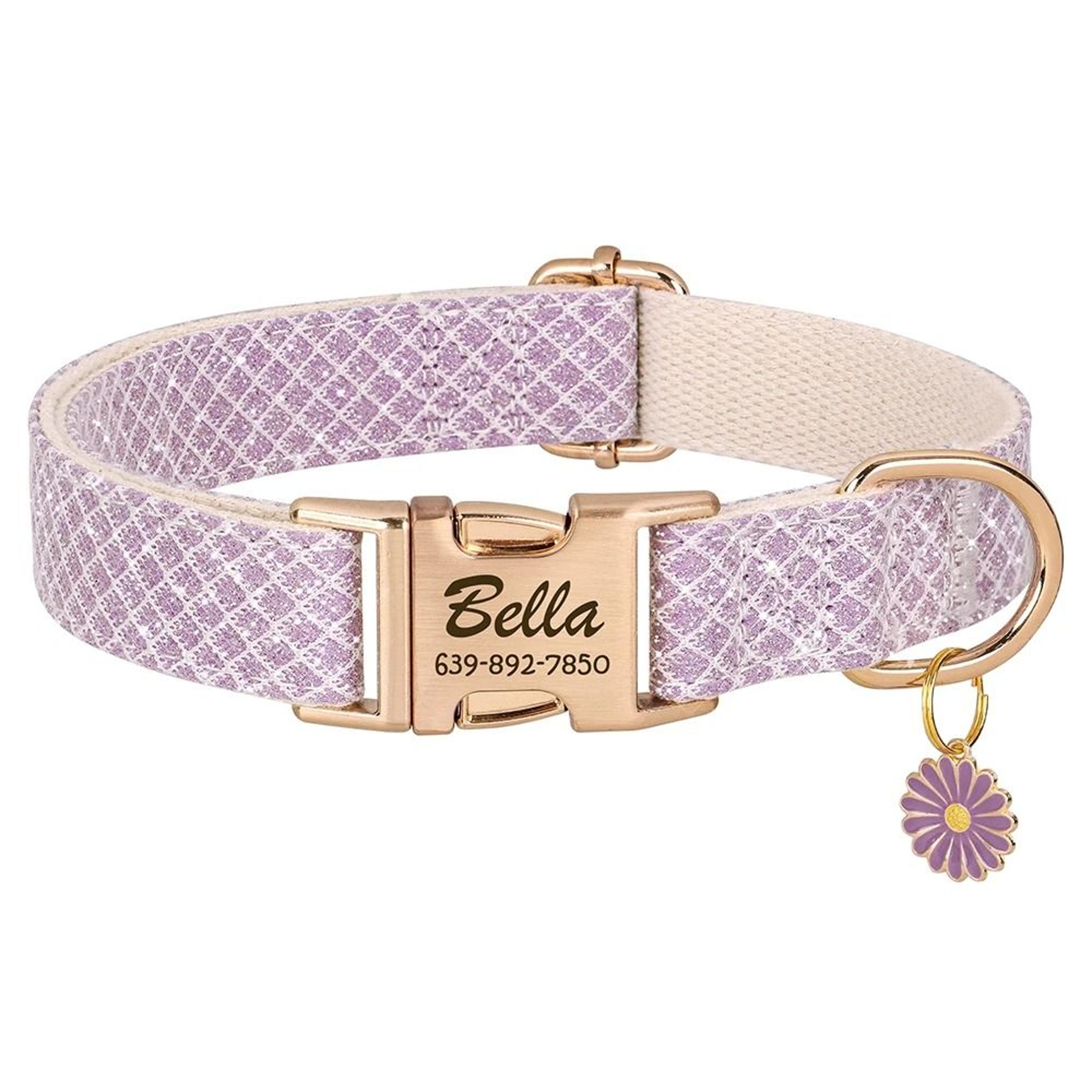 Bling Nylon Custom Dog Collar Engraved Flower ID Buckle 10