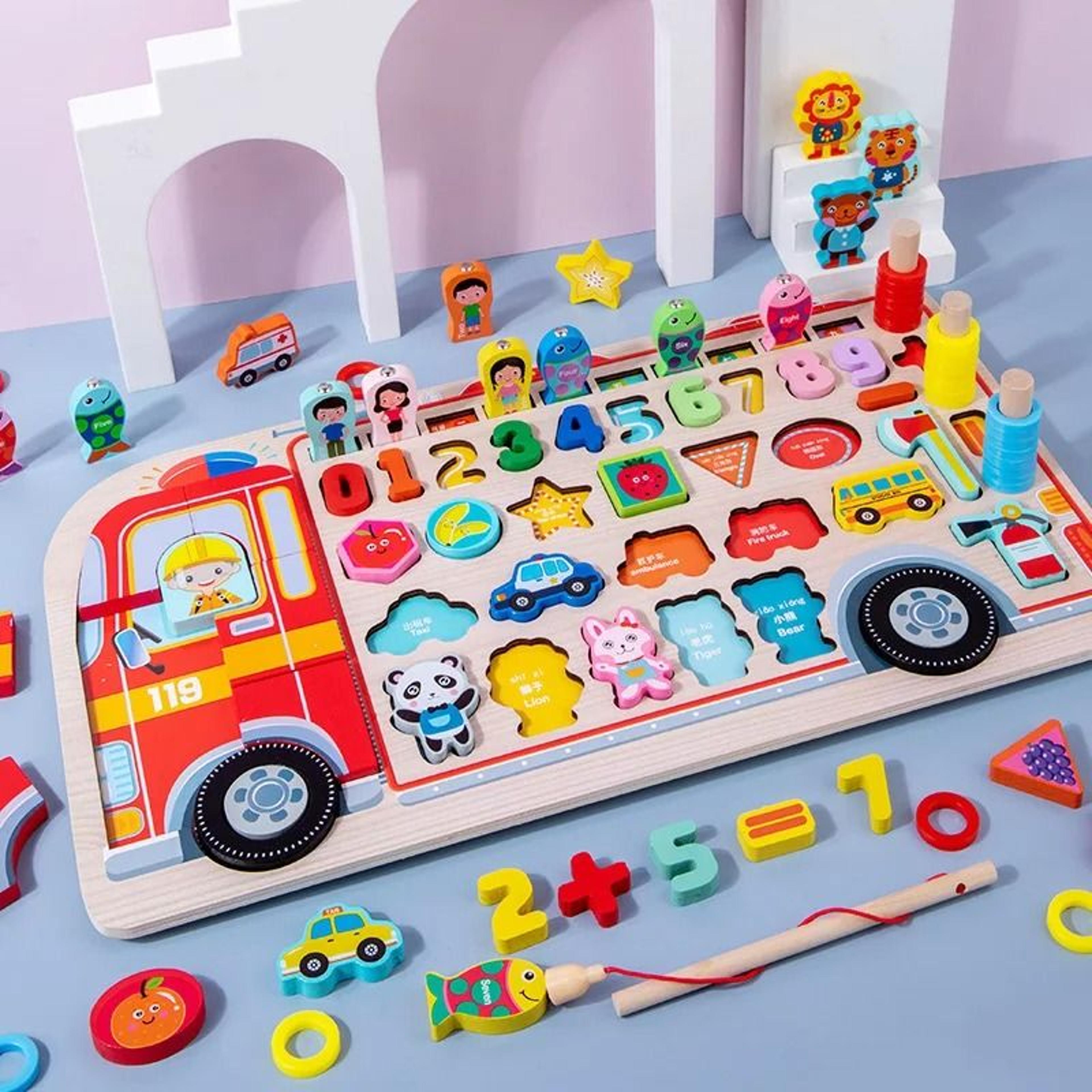 Montessori Wooden Fire Truck Busy Board Math Fishing Learning Toy 13