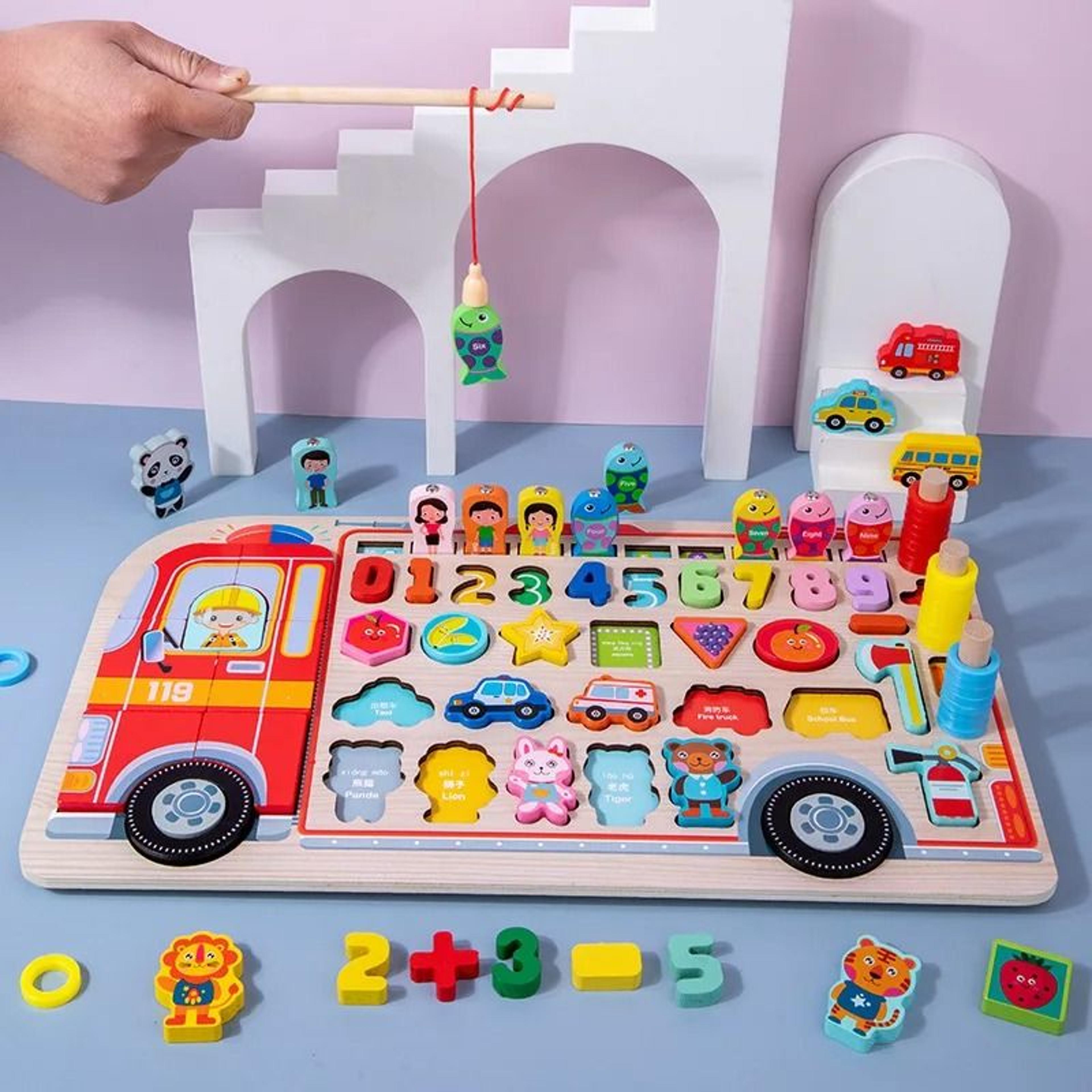 Montessori Wooden Fire Truck Busy Board Math Fishing Learning Toy 15