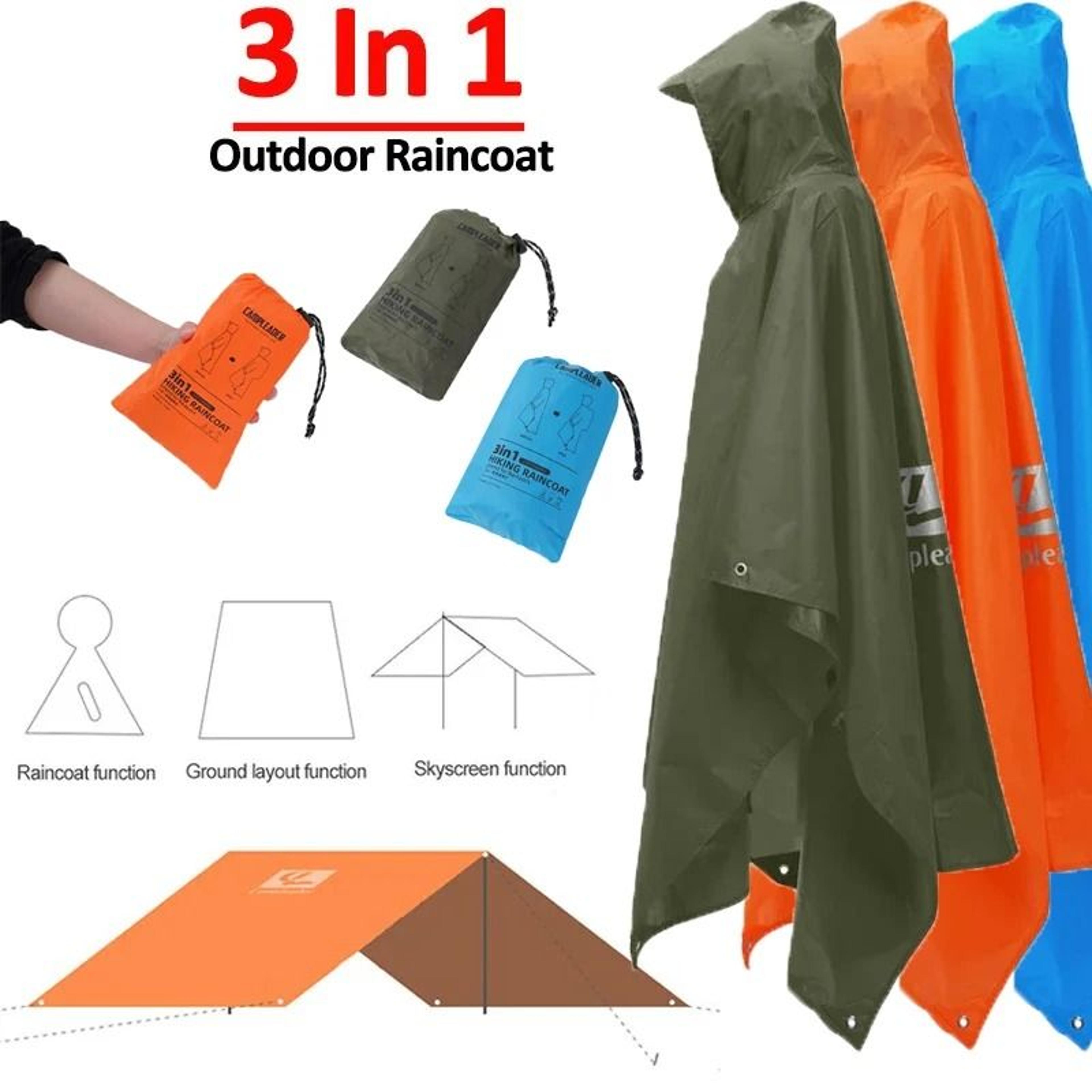 3 in 1 long waterproof rain poncho with hood and sleeves for outdoor use
