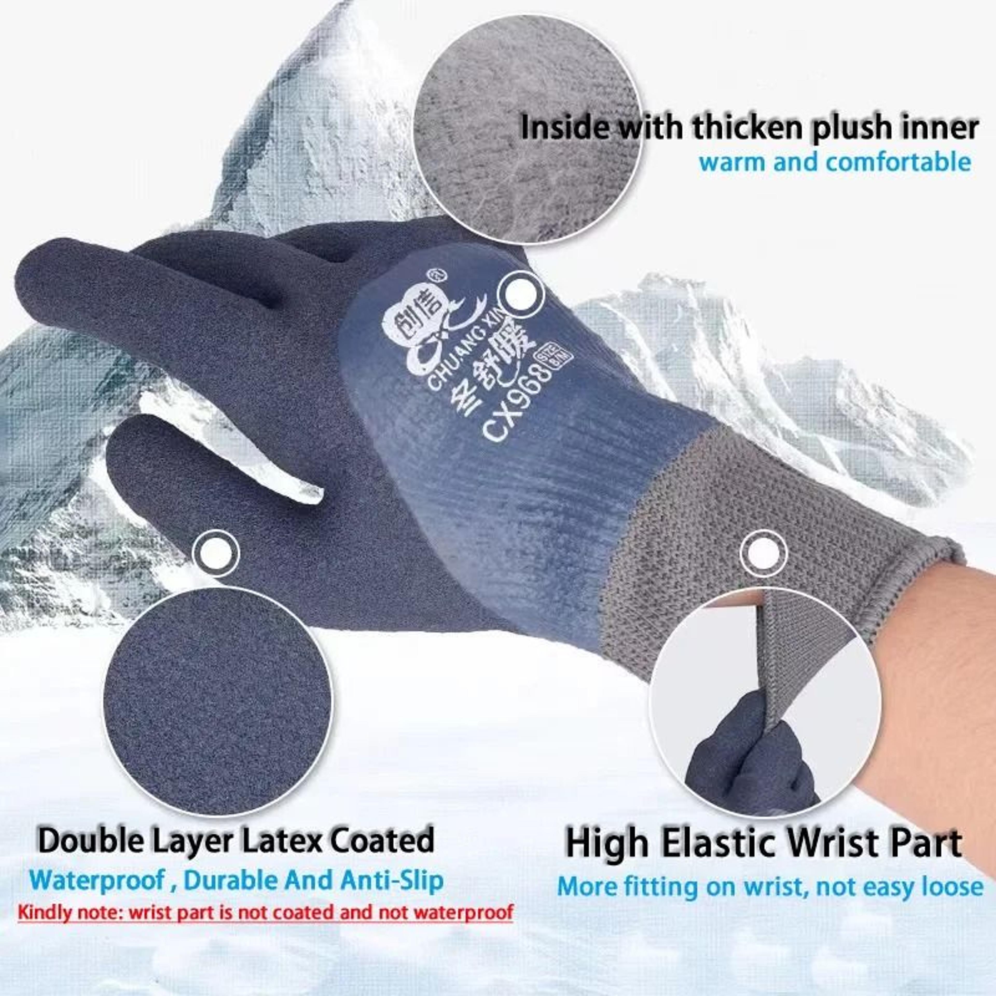 Winter Thermal Waterproof Work Gloves With Anti Slip Double Latex Coating 10 Pair Set 7