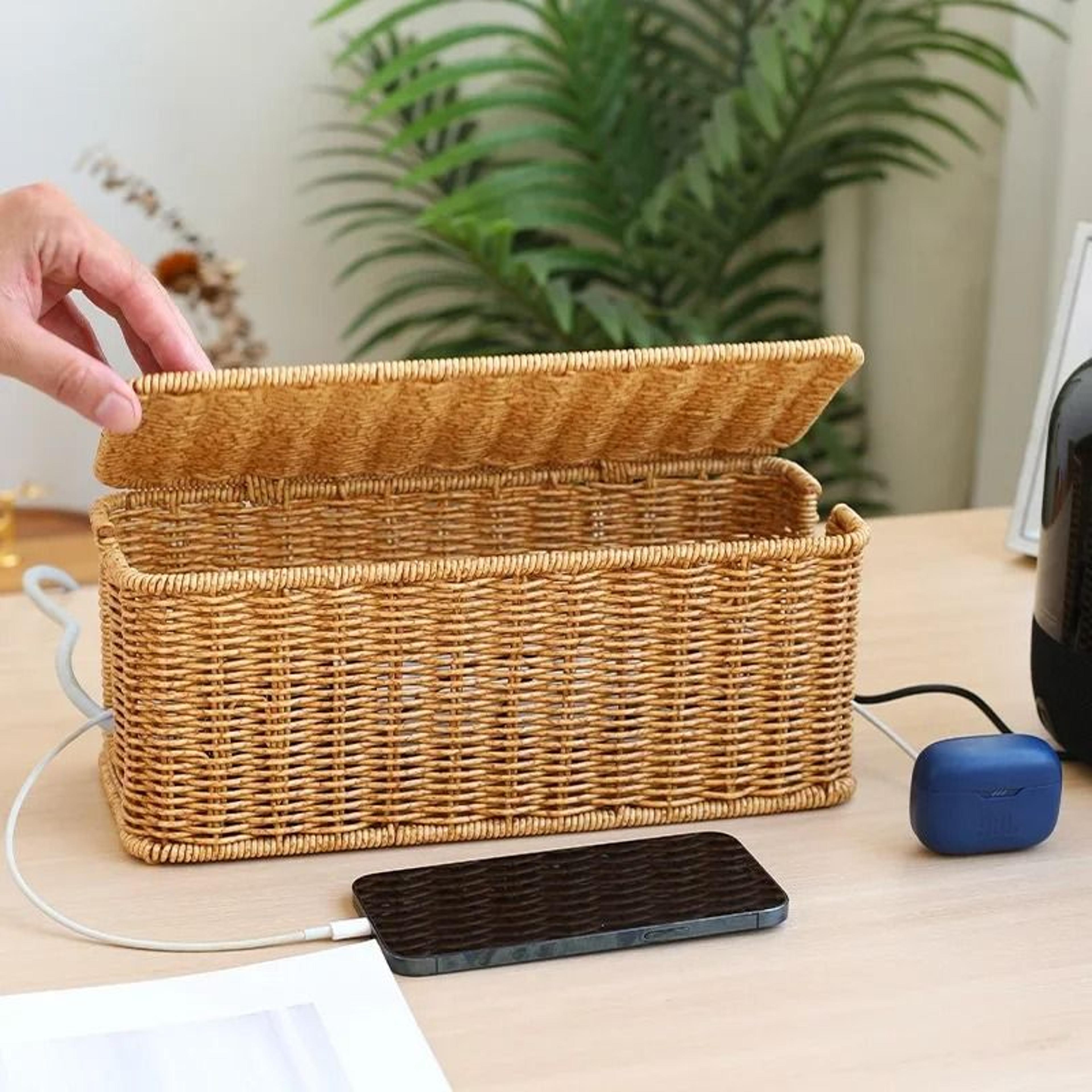 Handmade Rattan Cable Management Box Under Desk Cord Organizer 7