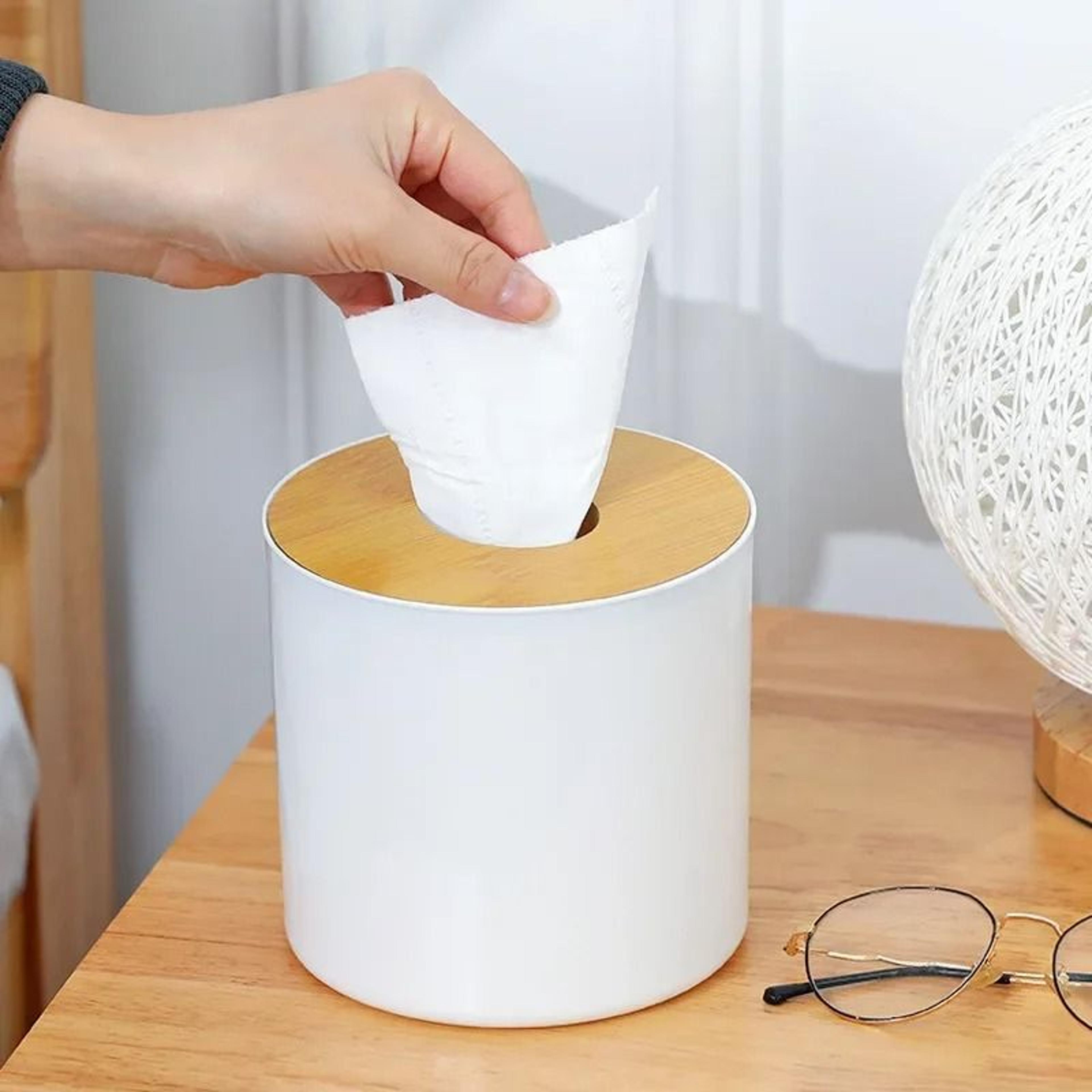 Circular Bamboo And Wood Tissue Box With Remote Control Storage For Living Room 0