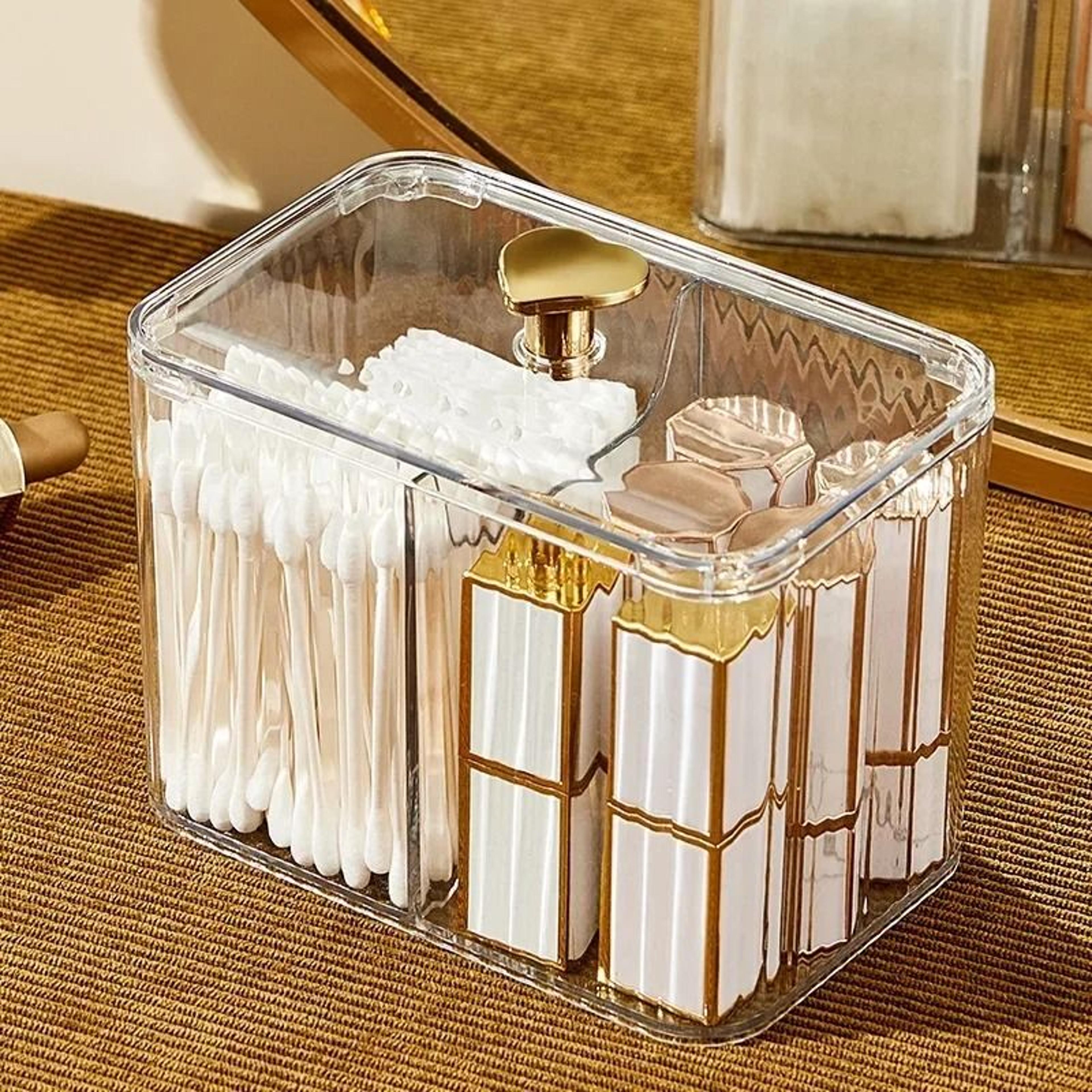 Acrylic Makeup Organizer With Dust Proof Cotton Swab Holder And Cosmetic Storage Compartments 3