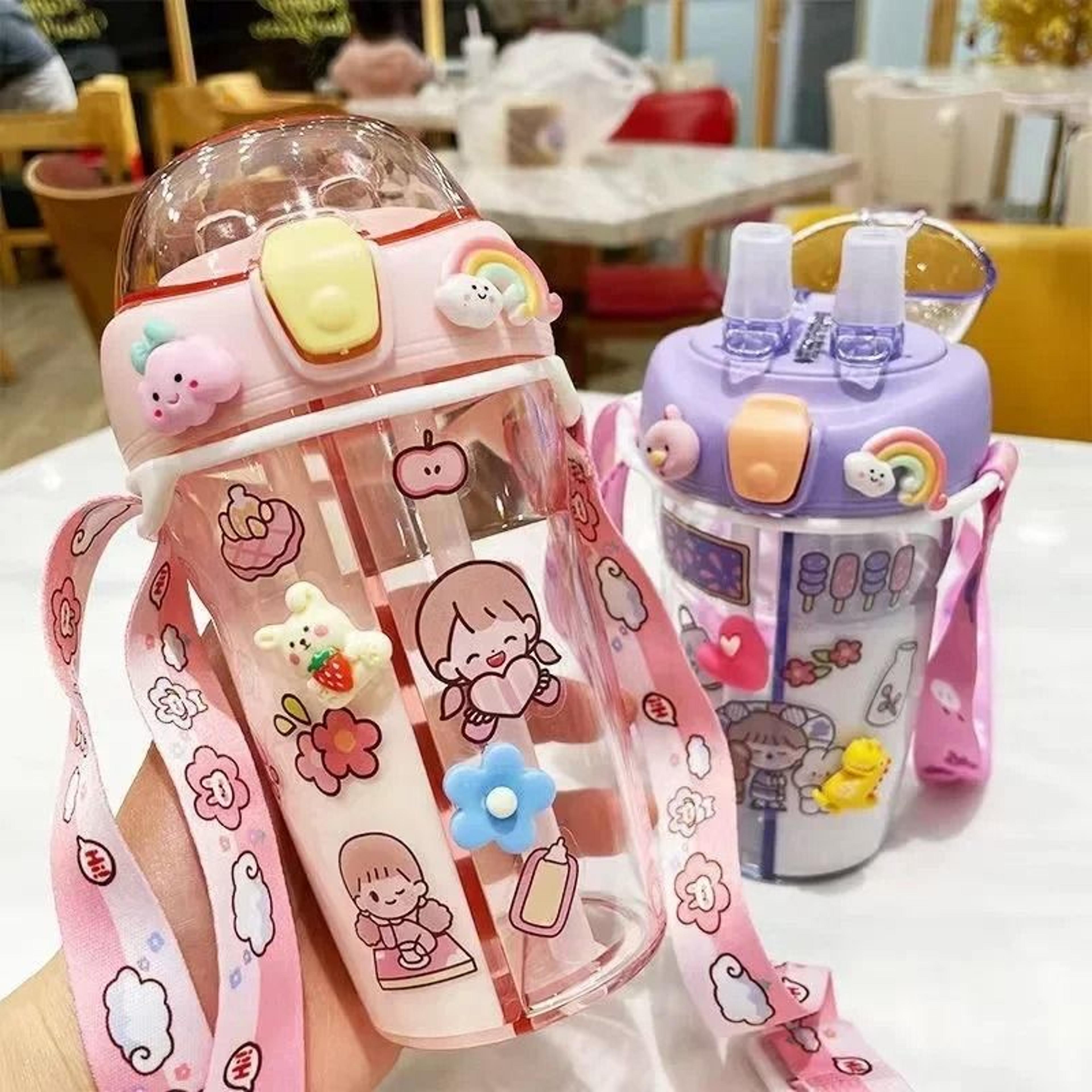 Kids Water Bottle With Double Straw Leak Proof Cute Plastic Bottle 430ml 8