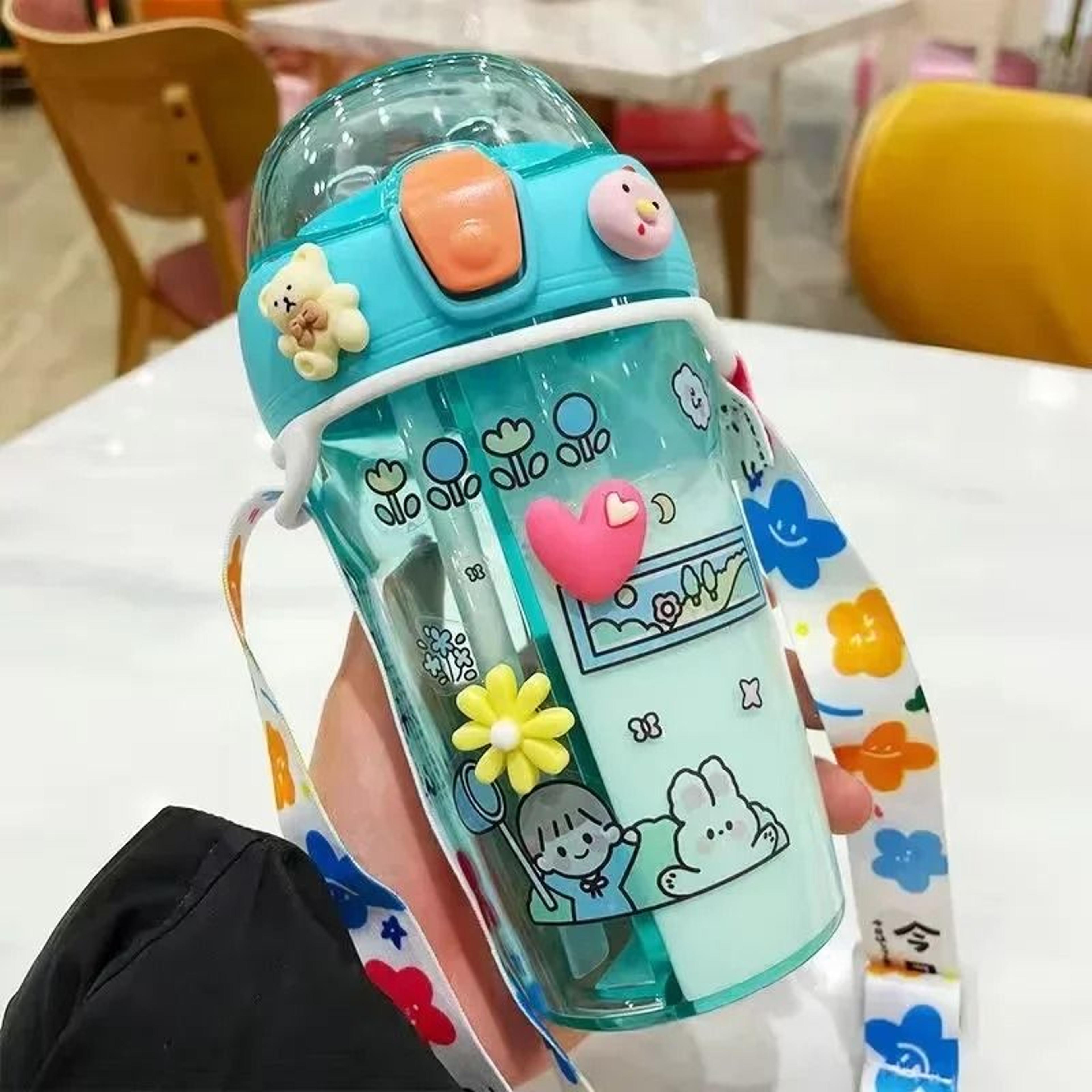 Kids Water Bottle With Double Straw Leak Proof Cute Plastic Bottle 430ml 5