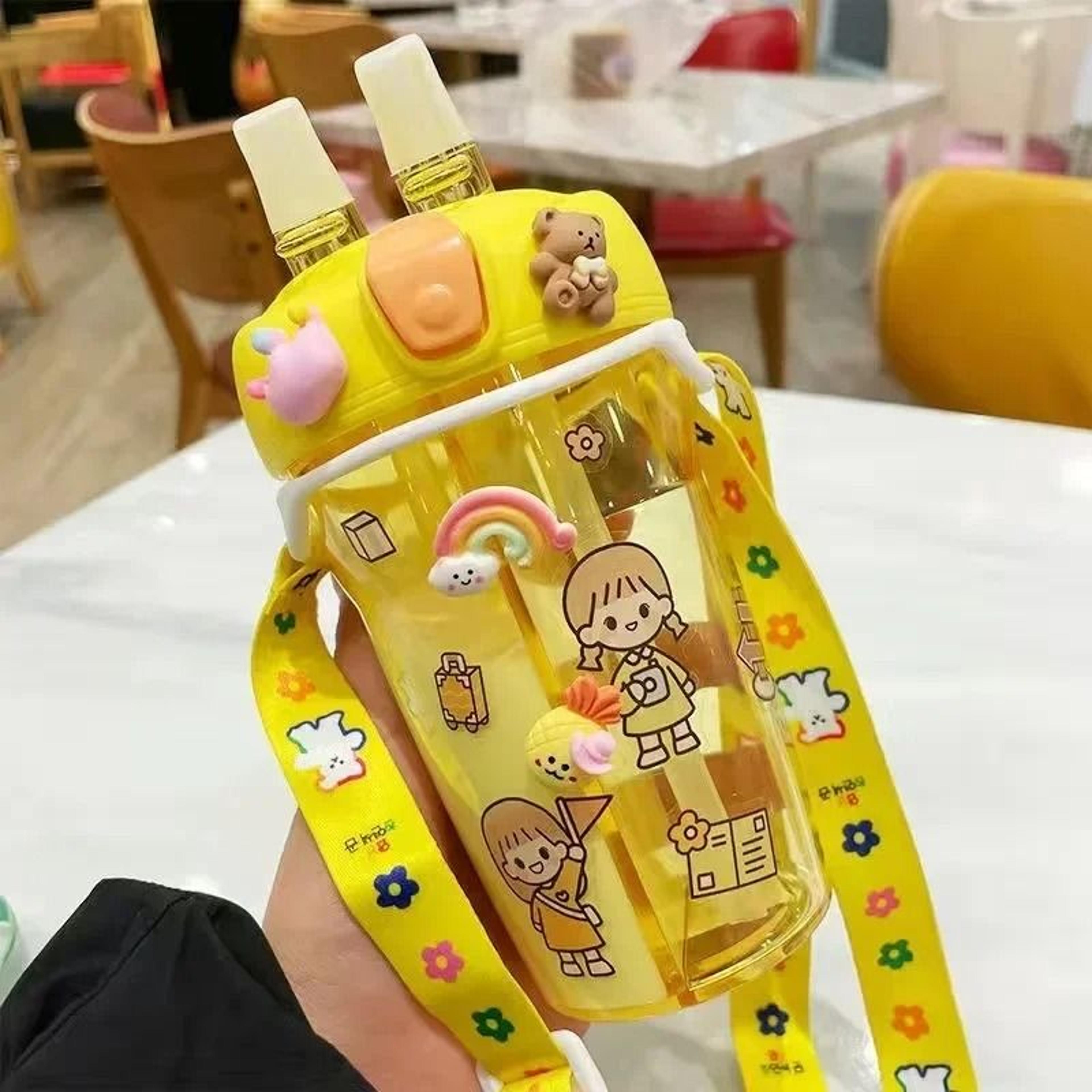Kids Water Bottle With Double Straw Leak Proof Cute Plastic Bottle 430ml 7