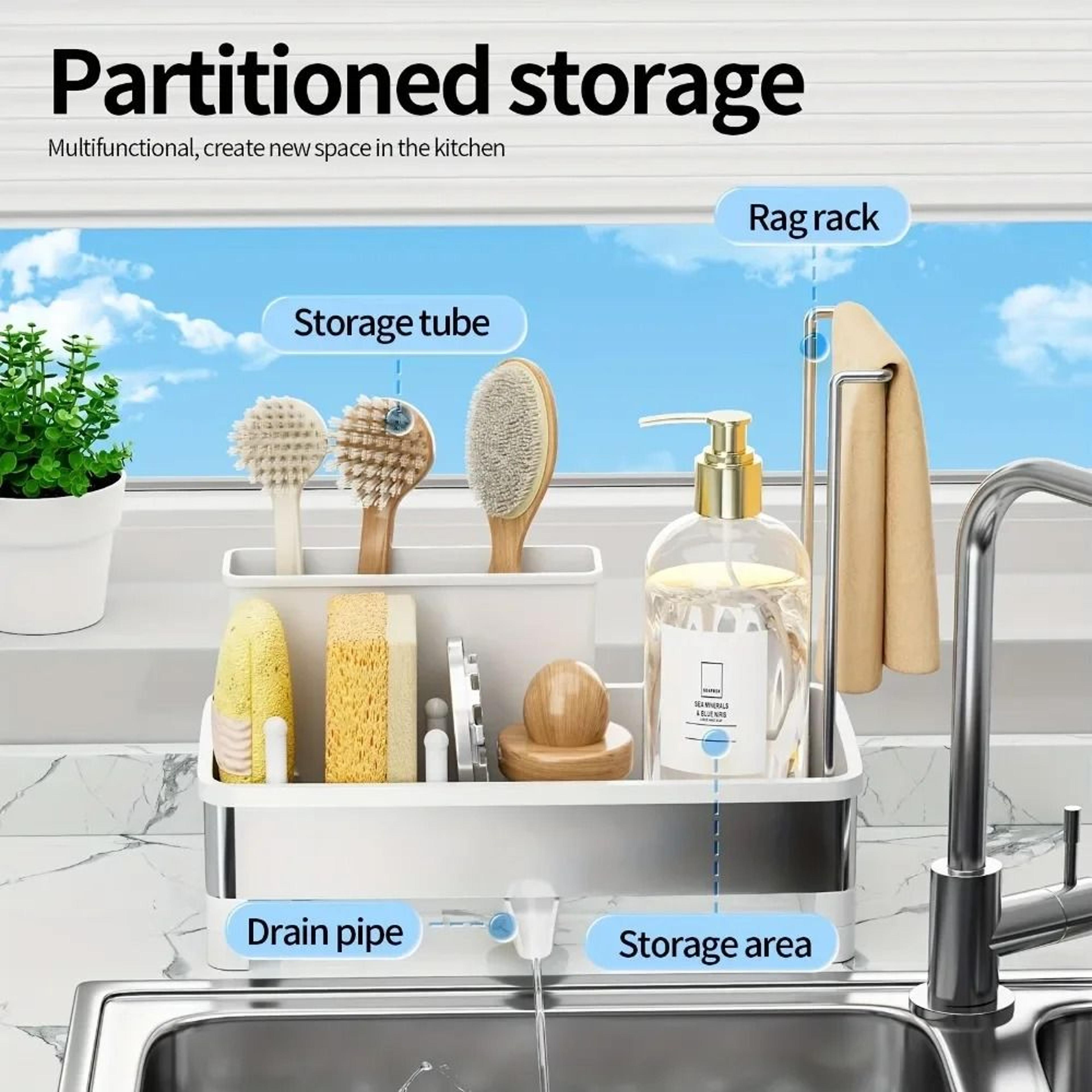 Stainless Steel Sponge Rack With Drain Kitchen Sink Organizer Storage Box 4