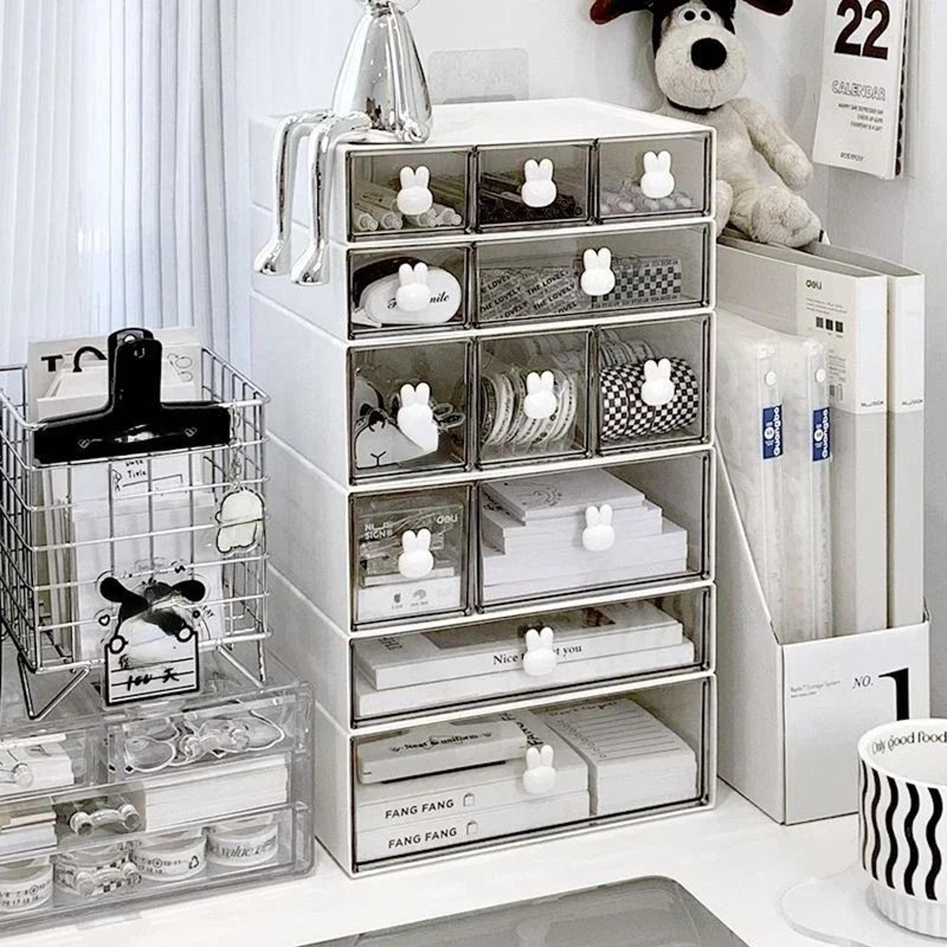 Cute Desktop Stationery Organizer With Drawers Multi Compartment Pencil Storage Box 0
