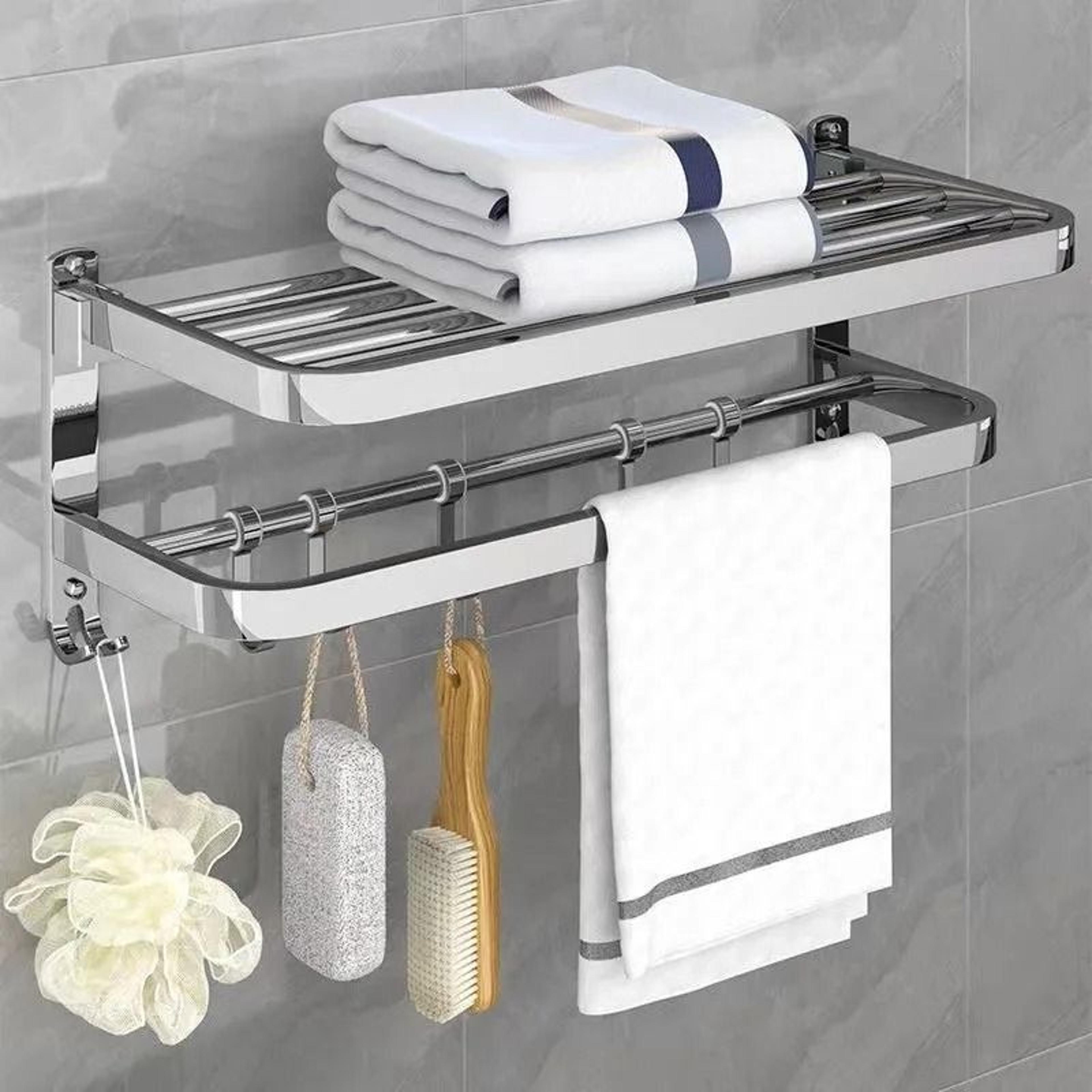 304 Stainless Steel Foldable Bathroom Towel Rack No Punch Storage Holder 4