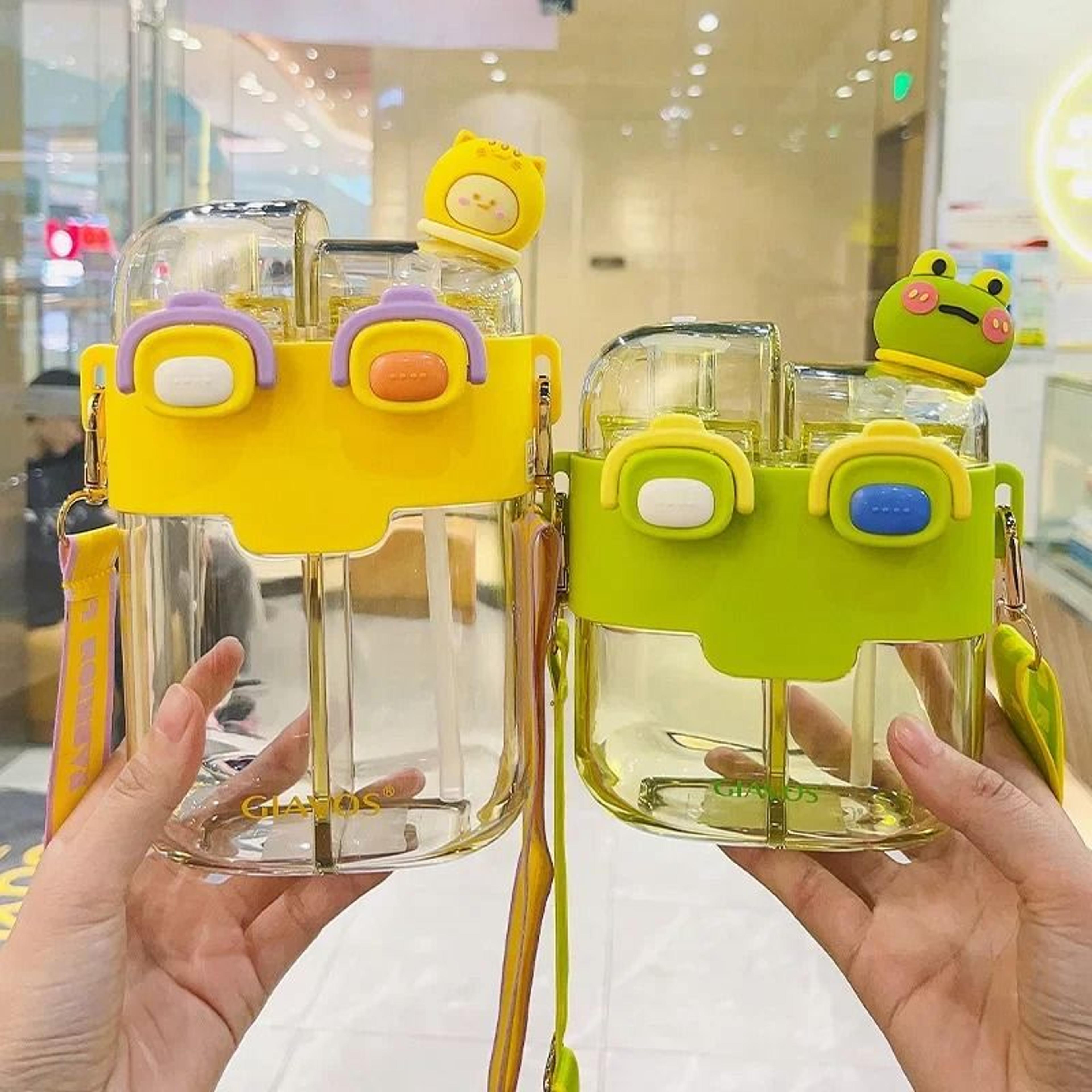 Large Capacity Kids Water Bottle With Straw Double Compartment Cartoon Design 0