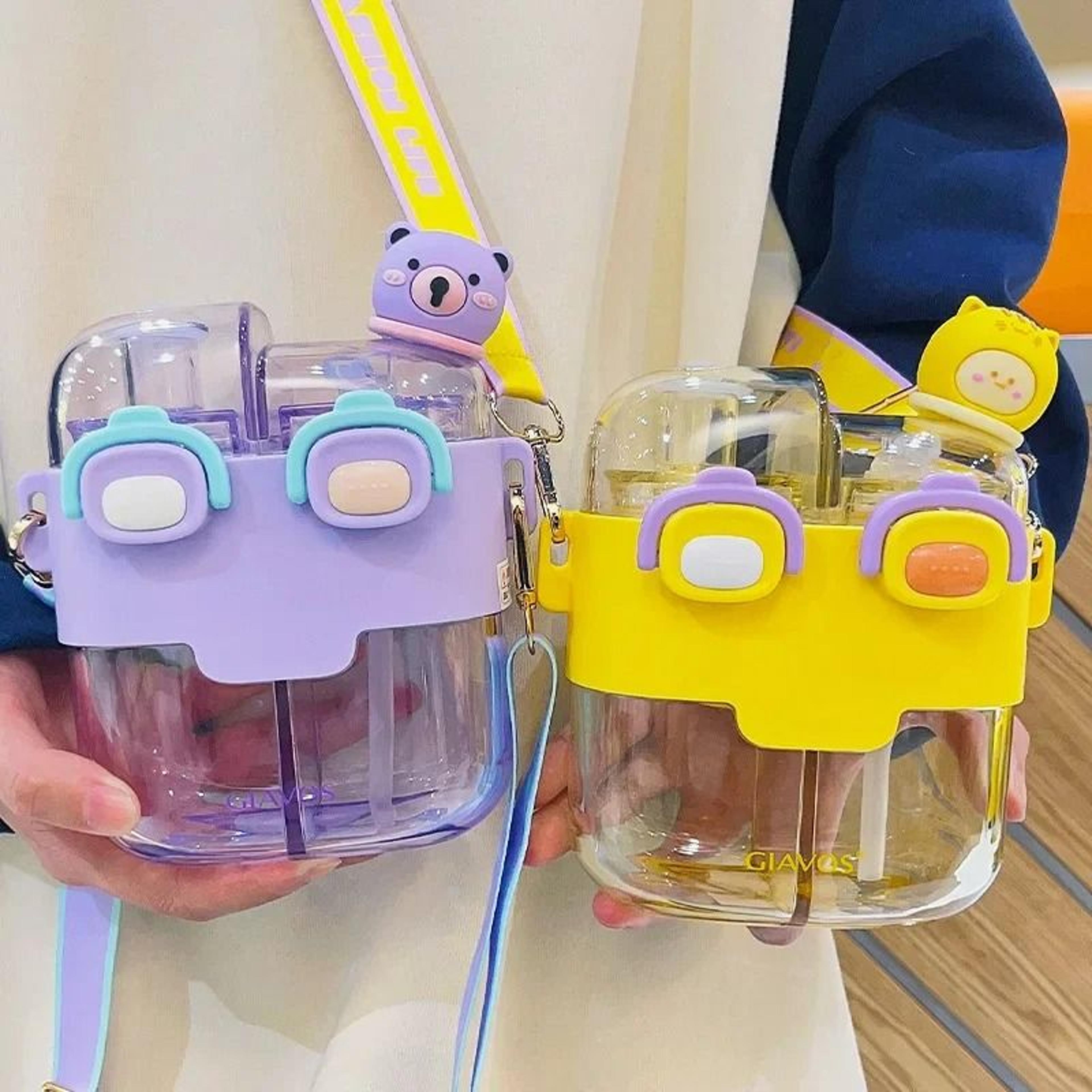 Large Capacity Kids Water Bottle With Straw Double Compartment Cartoon Design 10