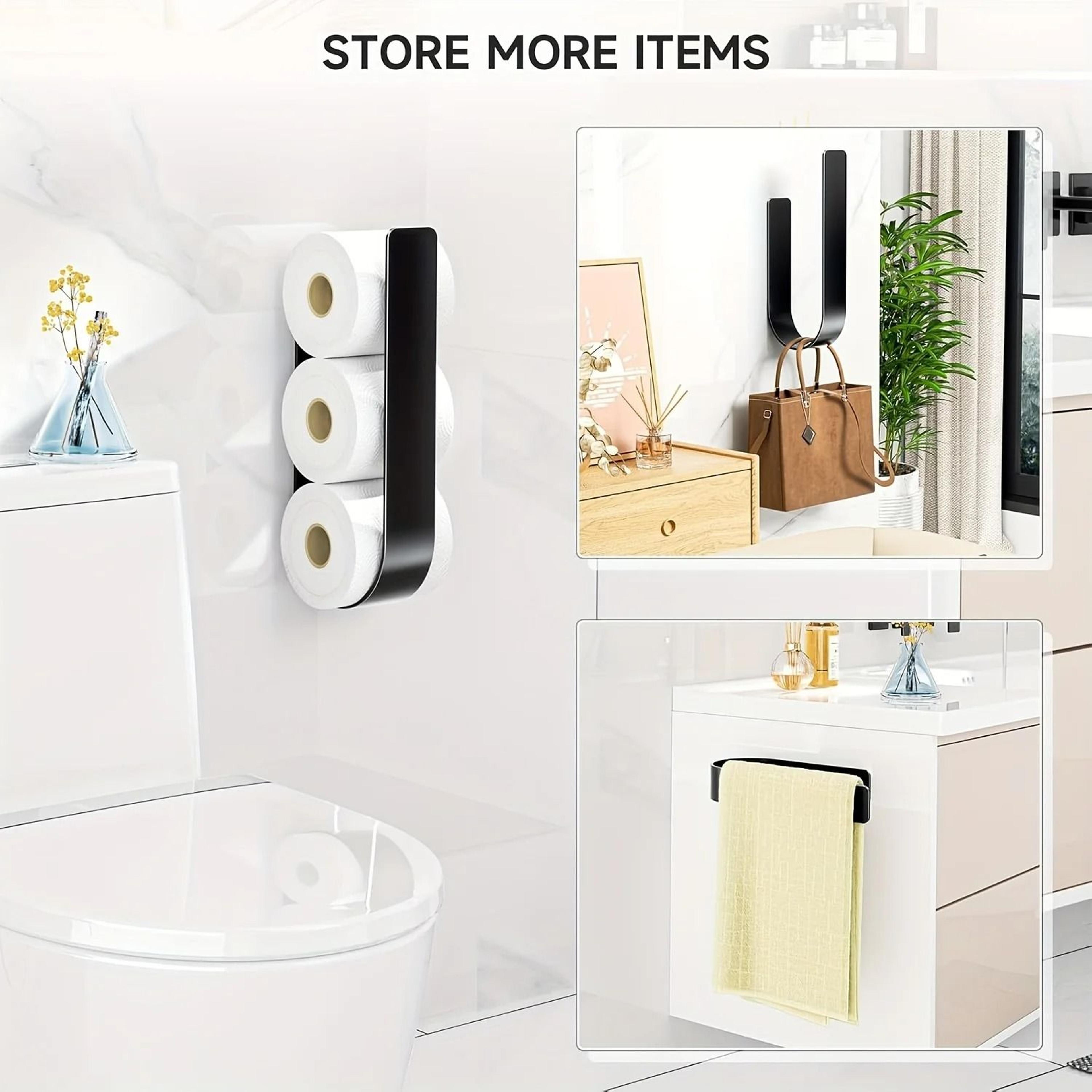 3 In 1 Wall Mounted Toilet Paper Holder With Towel Rack And Hooks Black Metal Bathroom Organizer 2