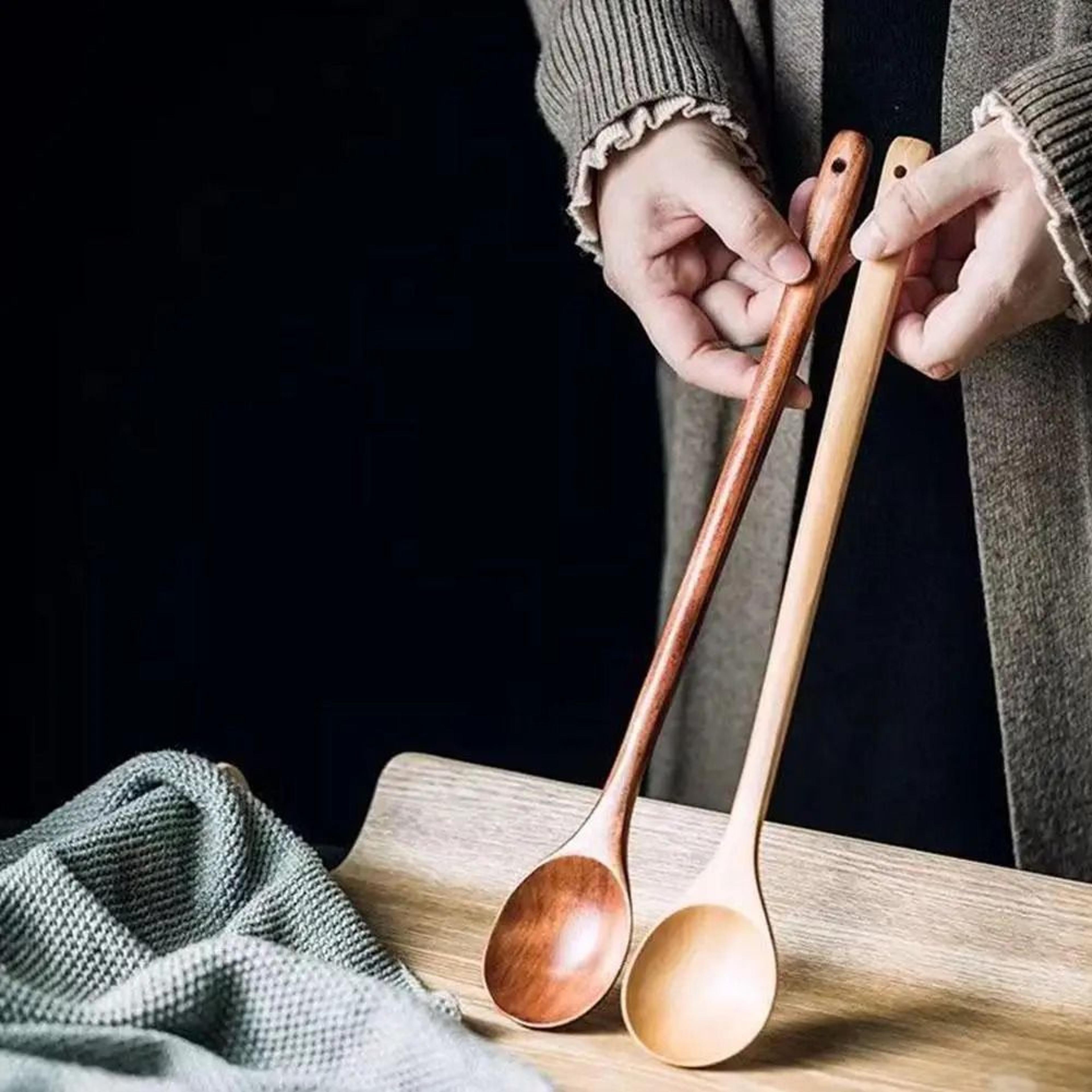 1 PC Natural Long Handle Wooden Spoon Durable Wooden Cooking Spoon For Soup Stirring And Serving 9