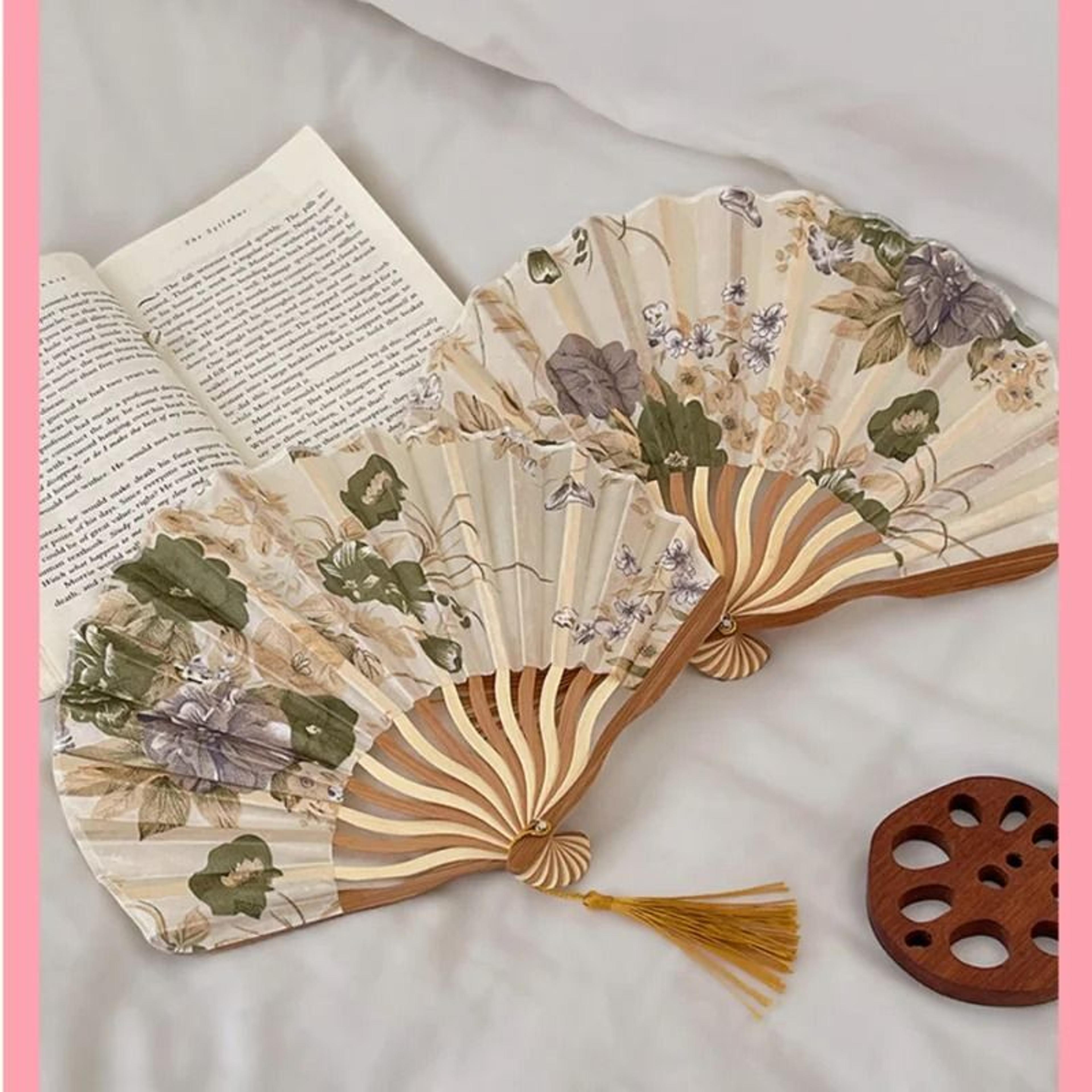 Chinese Classical Ink Folding Hand Fan With Tassel Traditional Decor Prop 5
