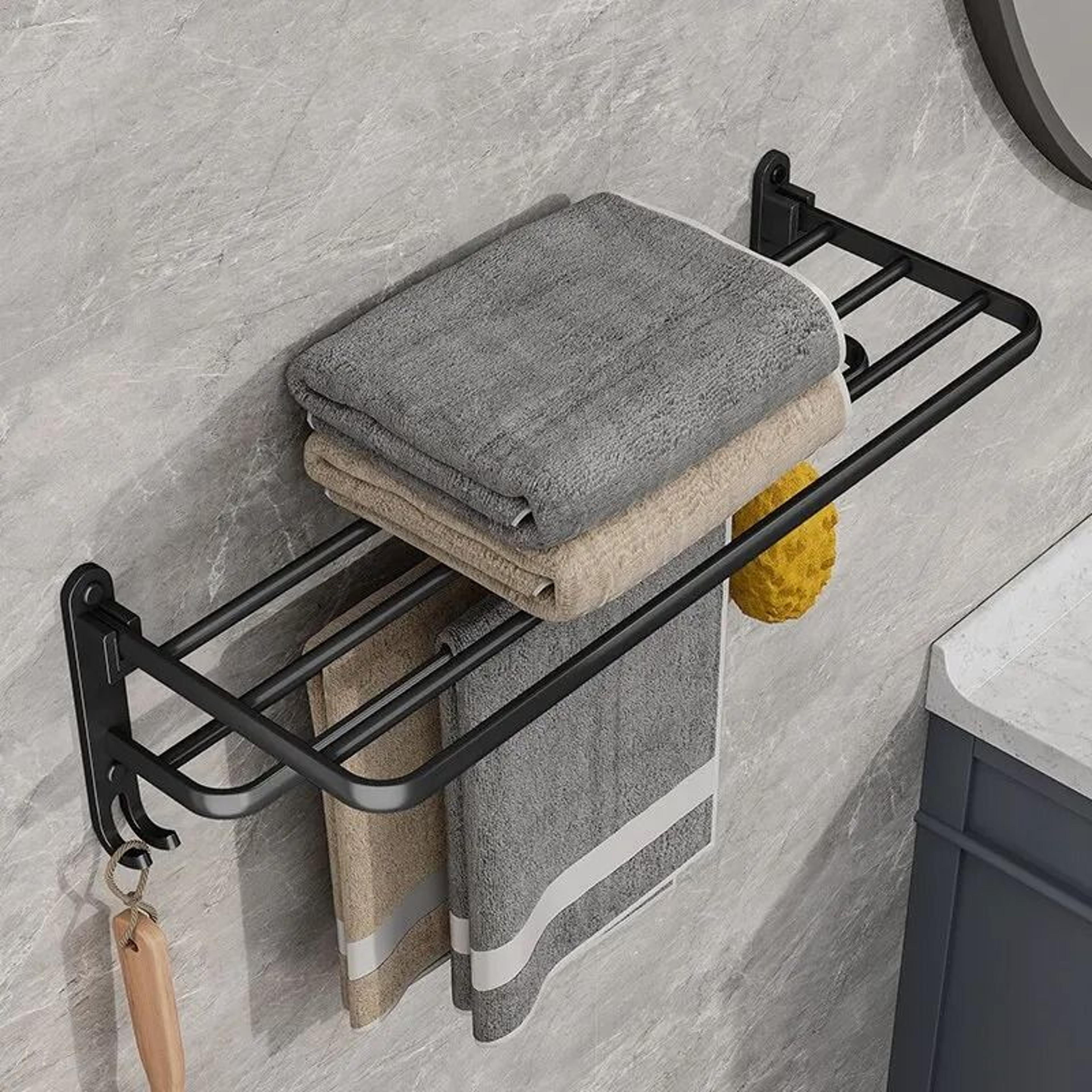 Matte Black Folding Towel Holder Wall Mount Aluminum Rack 50cm 2